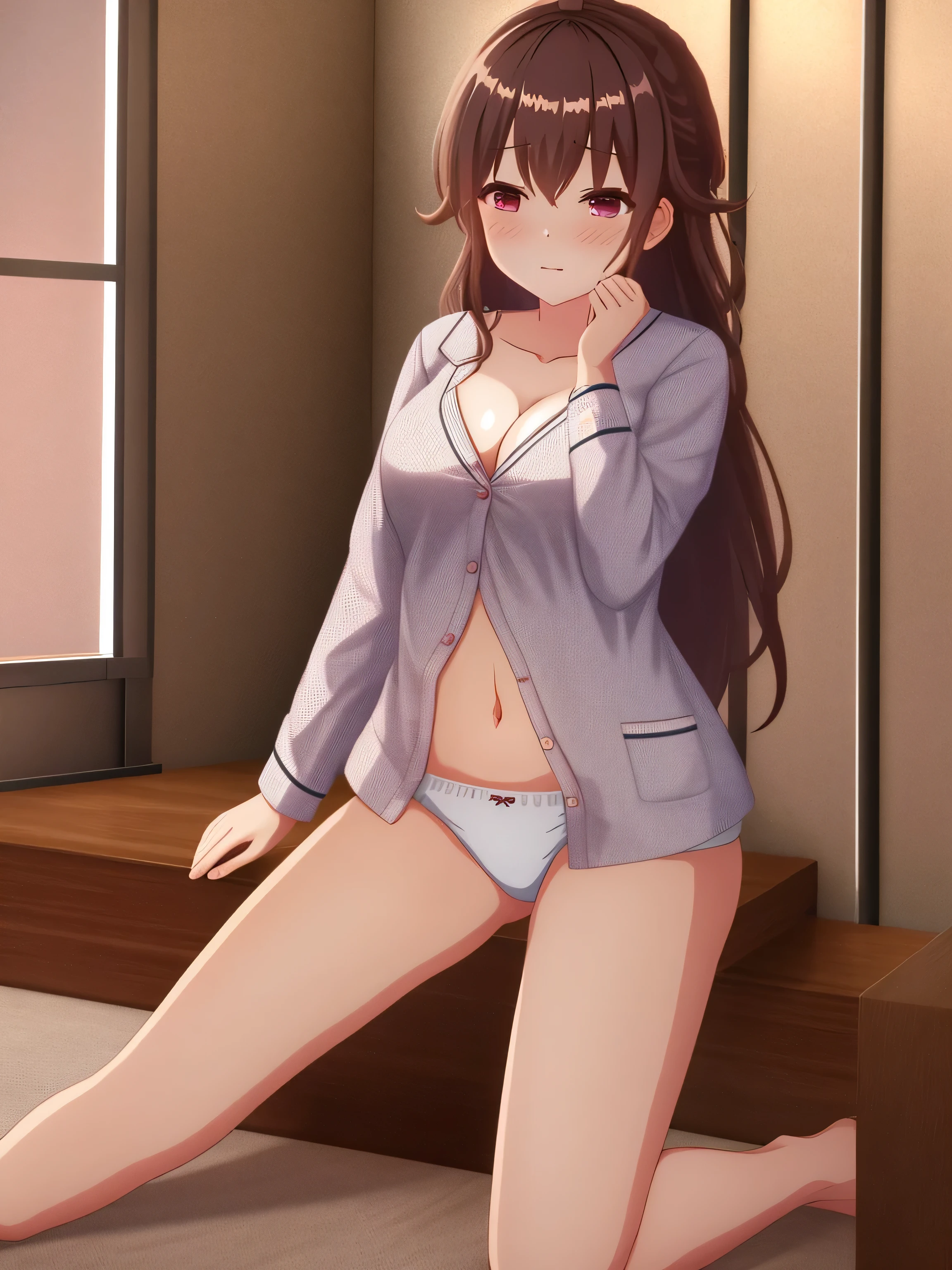 1 girl, underwear, Black hair, thigh, white_underwear,, long_hair, breast, white pajamas,unbuttoned pajamas,open income,navel,bare belly,eyes closed,eyes closed, exist_Back, In the bedroom, hindquarters, Bangs, split, blush,Lying on exist's bed,white,,white,Full body female love,arms open