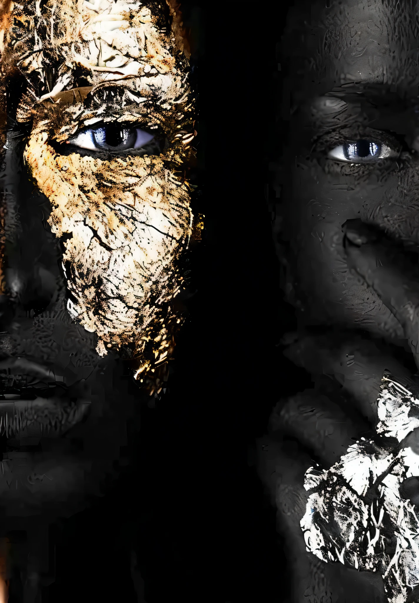 two women with gold paint on their faces and hands, por Hedi Xandt, com olhos dourados, metallic face portrait, prata ouro preto, fotografia de Albert Watson, gold mask, man is with pele negra, pele negra, com olhos dourados, pele negra!!!, tatuagens de rosto dourado, pele de ouro, pele dourada, pele escura, golden mask, pele brilhante