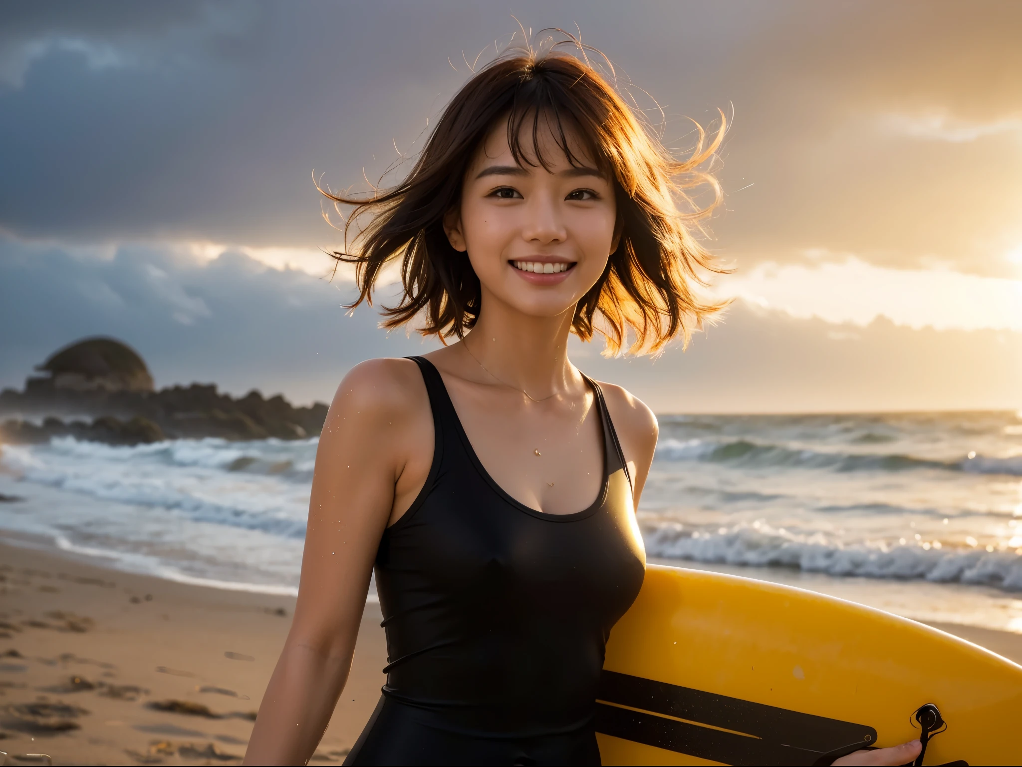 8k Uhd, Dslr,Film Grain, Fujifilm XT3,(Best Quality:1.3), (Masterpiece:1.1), High Resolution, Cinematic Light, Intricate Details, (Photorealistic) ((DRAMATIC LIGHT VIEW FROM BEAUTIFUL SHORES)), stylish beauty korean surfers Girl (ON SUNSET GOLD BEACH:1.5), no Makeup, tanning dark brown skin, wet & moist body & face, wet hair, big breast, cleavage, backlight shoot photo, Expressive happy, moist & radiant skin, short red hair with bangs, wearing black spandex wet swimsuit hold a yellow surfing board, surfers posing, cute gestures, model pose, smile, Detail Face ((full body))