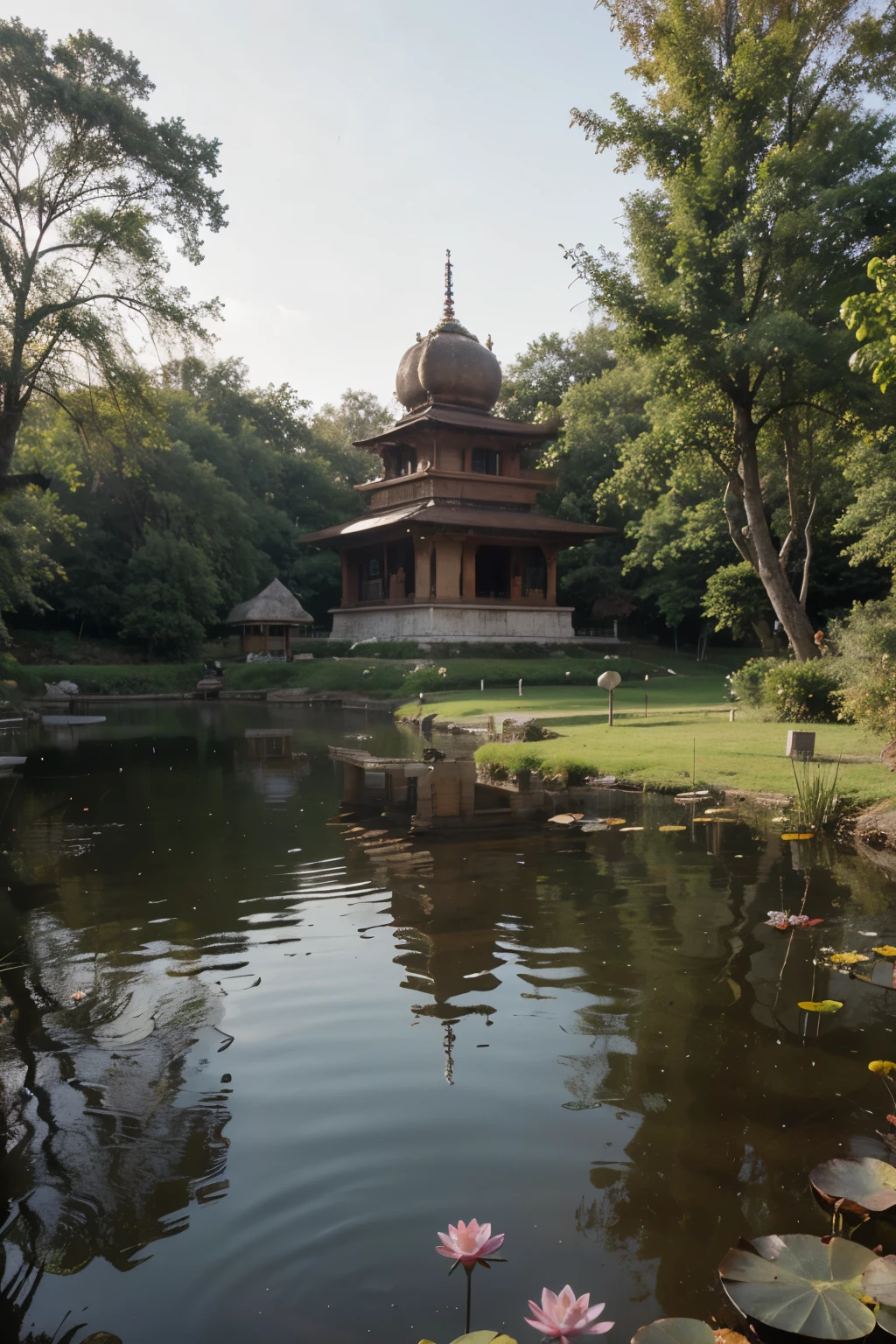 generate an indian temple surrounded by pond with lotus in it