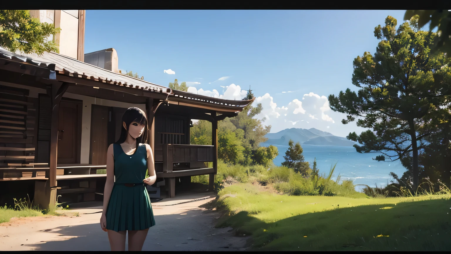 green trees,sun,light,cyberpunk,signboard, lantern,girl
