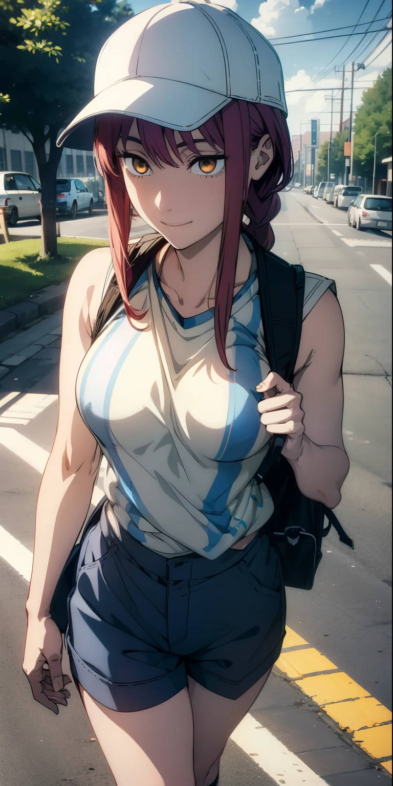 , (masterpiece), (best quality), (ultra-detailed), (extremely detailed cg), (a extremely delicate), (perfect lighting), (8k), (dynamic angle), (sharp image), vibrant colors, female, masterpiece, best quality, depth of field, cinematic lighting, masterpiece, best quality, ultra-detailed, colorful, vibrant, , thighs, mature female, solo, (masterpiece, best quality, high resolution, animescreencap, anime colored,), (perfect , beautiful detailed eyes, beautiful detailed body, beautiful , shiny skin), a  mature anime lady is walking outside, shiny thighs, looking at viewer, side bangs, red hair, ringed eyes, yellow eyes,braided ponytail, side bangs, , medium , walking, road, road plants, sidewalk, dolphin shorts,striped sleeveless, baseball cap, smiling, dynamic pose, sun, blue skies, sunlight, clouds, athletic shoes, sunglasses, japanese loose socks(knitted), perfectly detail eyes, backpack 