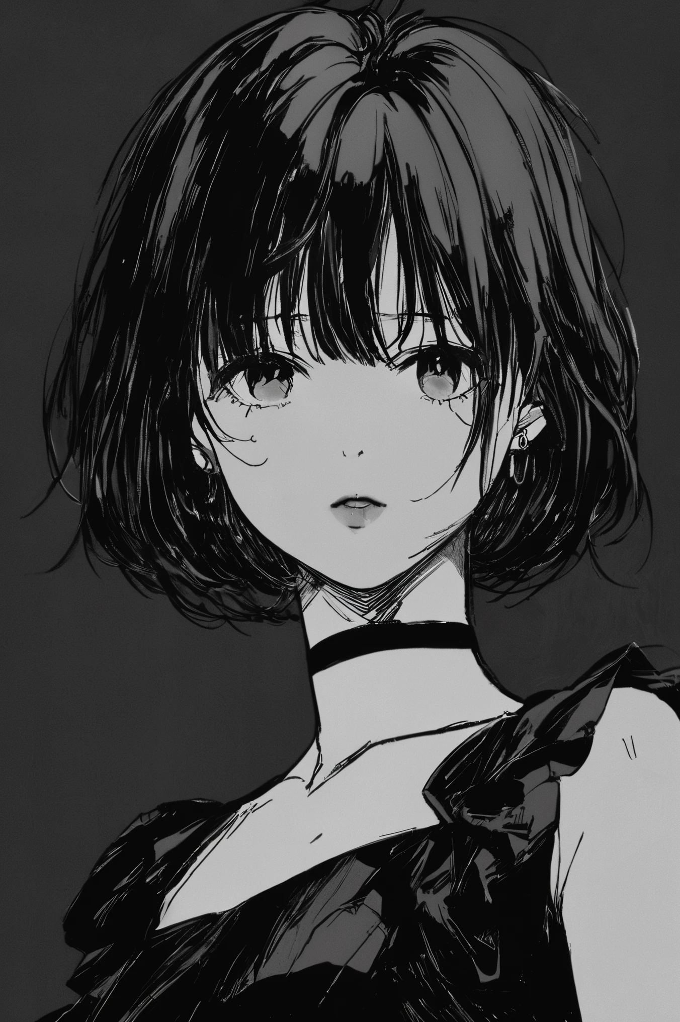 (best quality, sketch:1.2), Hitory Gotoh, bocchi the rock, detailed, hdr:0.75, illustrator,anime, 1 girl, detailed lips, black dress,custom, (background dark monochrome),neon hair,textured cropping, masterpiece, style, retro classic, noir dark, art station, sketch book, short hair [black:1.75] [neon:1.32], (dark monochrome background:2.1), epic realistic, detailed 