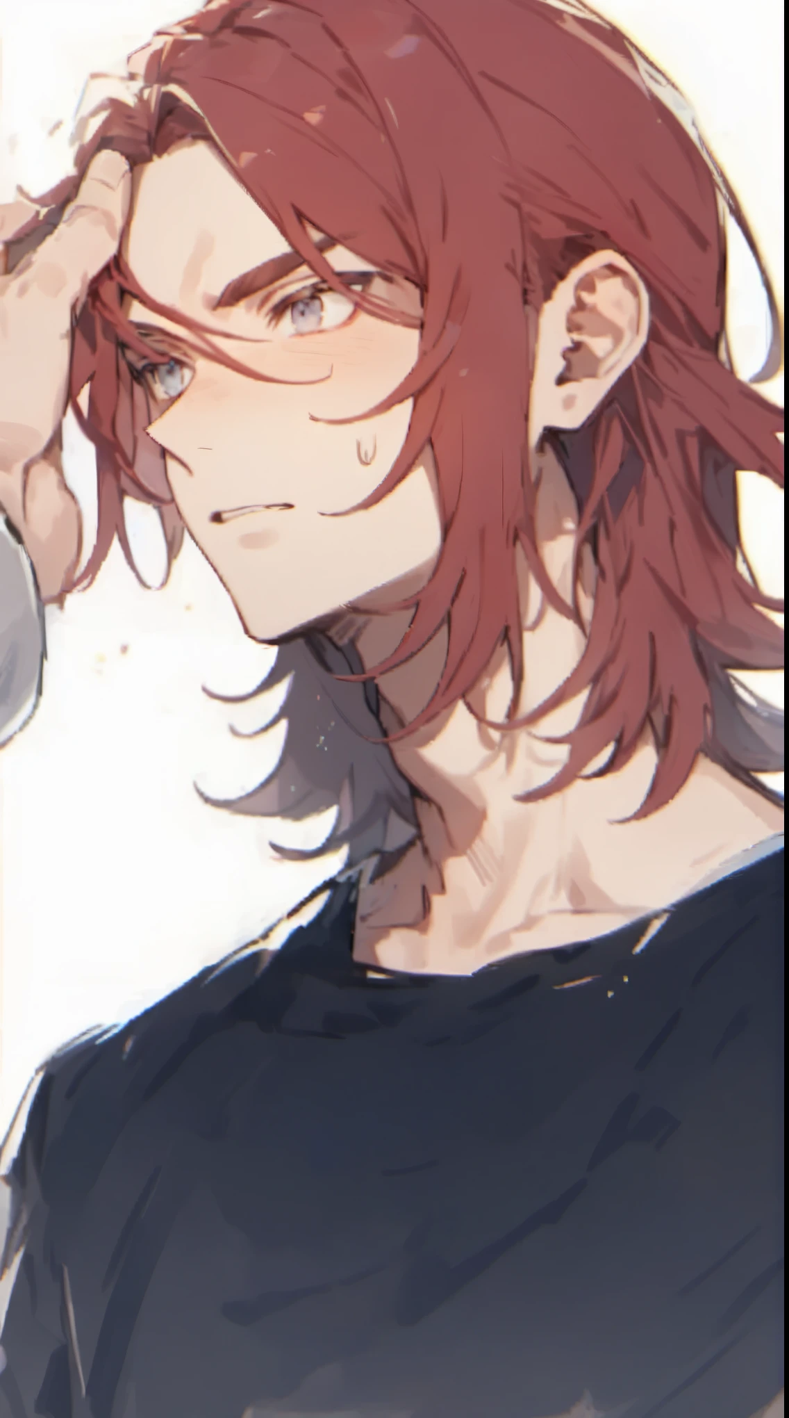 Beautiful young man, red shoulder-length hair and gray eyes, Profile, Diagonal angle, head being stroked, disapproving face, high quality, amount of drawing, pixiv illustration