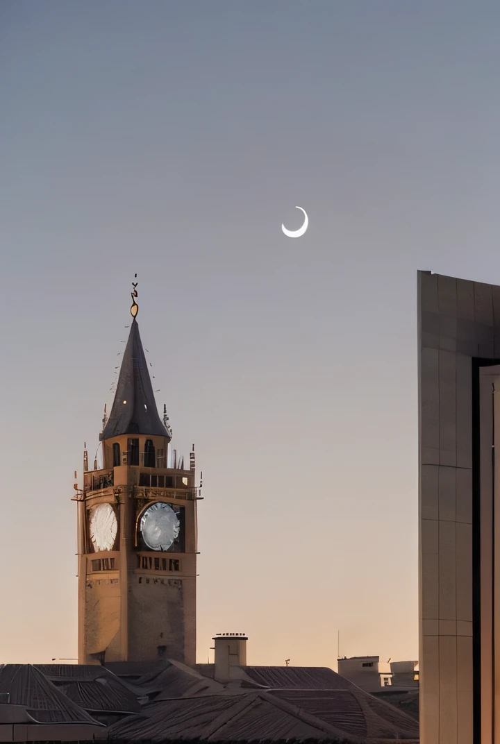 araffe view of a building with a clock tower and a full moon, a picture by Youssef Howayek, unsplash, postminimalism, (moon in the background), moon in the background, the moon in the background, the moon on the top right, moon in background, at night with moon light, with the moon out, moon in background!