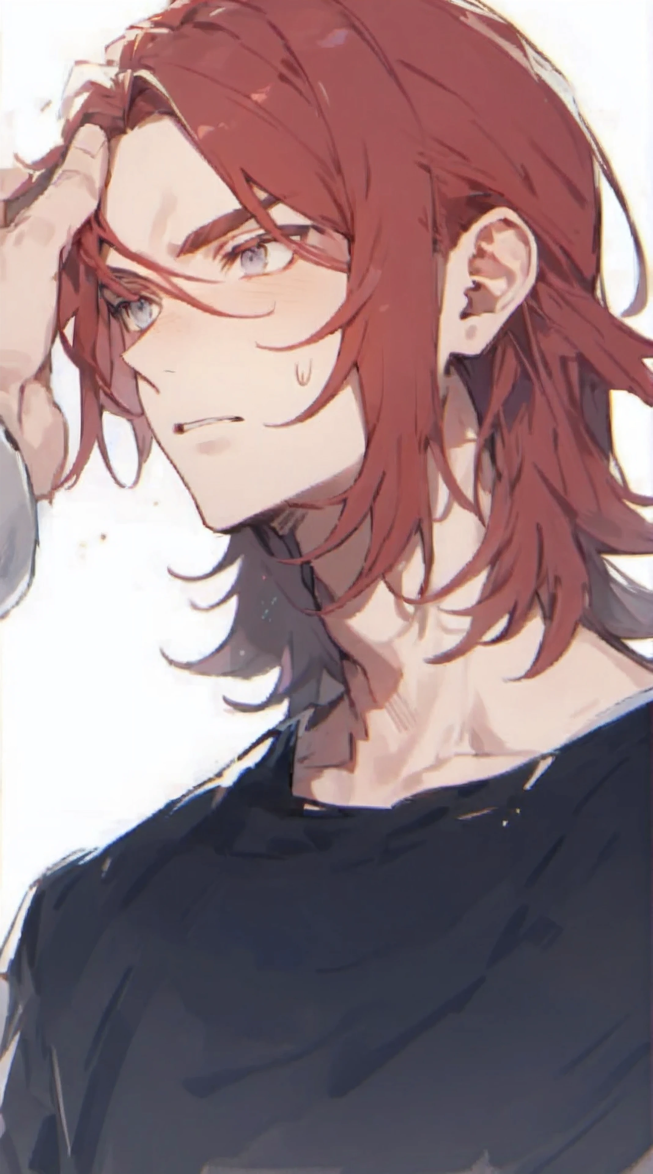 Beautiful young man, red shoulder-length hair and gray eyes, Profile, Diagonal angle, head being stroked, disapproving face, high quality, amount of drawing, pixiv illustration