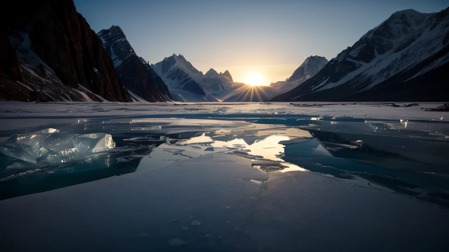 An icy landscape under the glow of an alien sun, with frozen mountains and rocky terrain. The sky is clear, showing distant galaxies in the background. A giant ice wall forms on one side of the scene, while another smaller piece floats nearby. In sharp contrast to its cold exterior, it glows warm inside, casting long shadows over its surroundings. in the style of Gabriele Dell'otto --ar 8:5 .4k