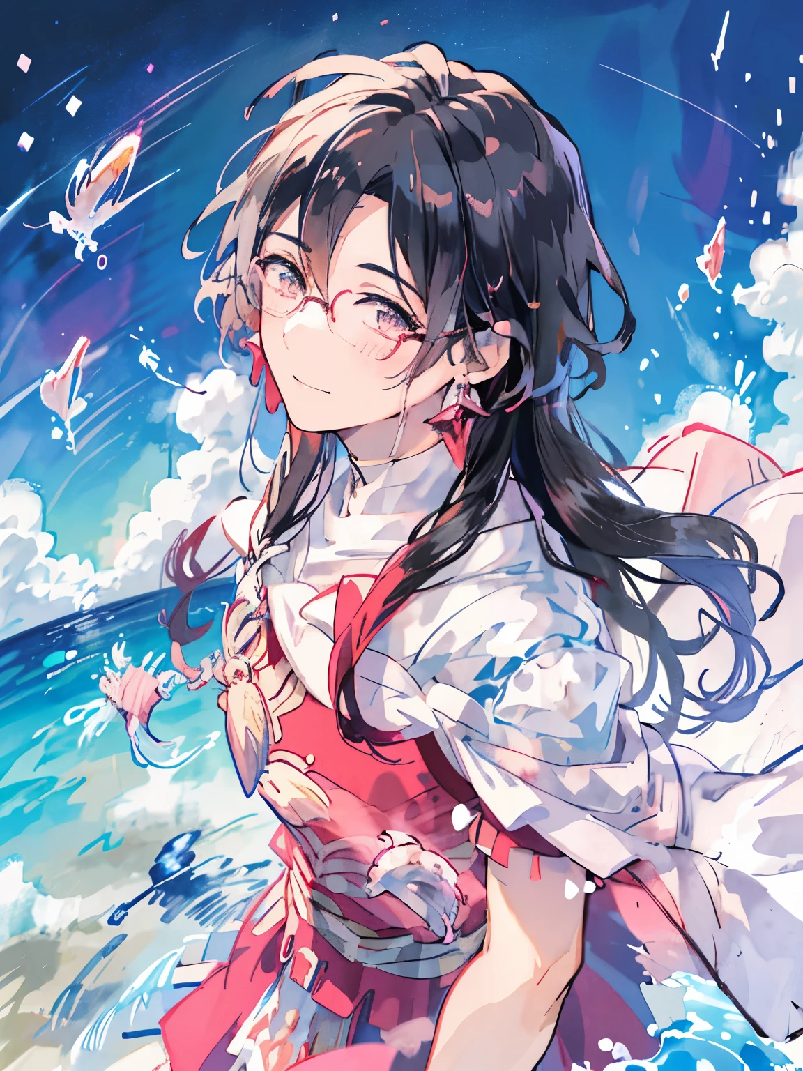 magic effect、pink and orange pastel colors、red earringan with glasses、wizard、detailed、muste piece、splash of water、soft air、black hair flowing in the wind、man in his 30s、watercolor painting、Anime-style drawings with a soft touch、