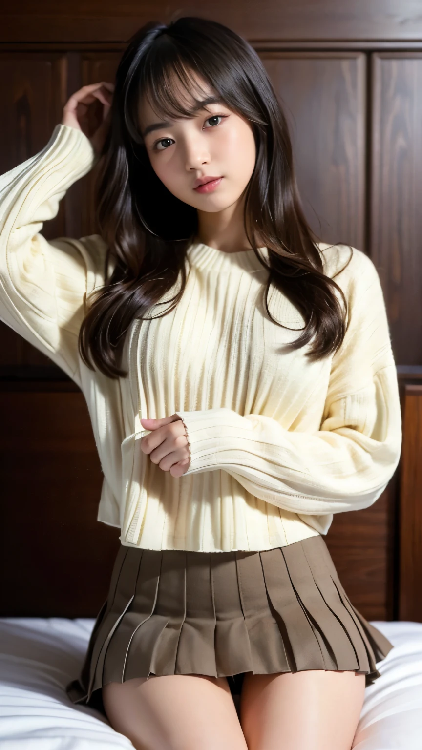 Best-quality, Masterpiece, Ultra-High-Resolution, (Photorealistic:1.4), Raw-Photo, from-below, front-view, 1girl, 15-years-old, the most famous Japanese idol, at luxury-hotel-suit, sitting on luxury-bed, (wearing knit-sweater and pleated-miniskirt, (Flirtingly lifting pleated-miniskirt to show panties with sexy-design):1.3), ((extremely beautiful big-black-eyes)), extremely cute face like the most famous Japanese idol, extremely beautiful hair, extremely beautiful skins, extremely beautiful long-eyelashes, extremely beautiful lips, innocent-smile