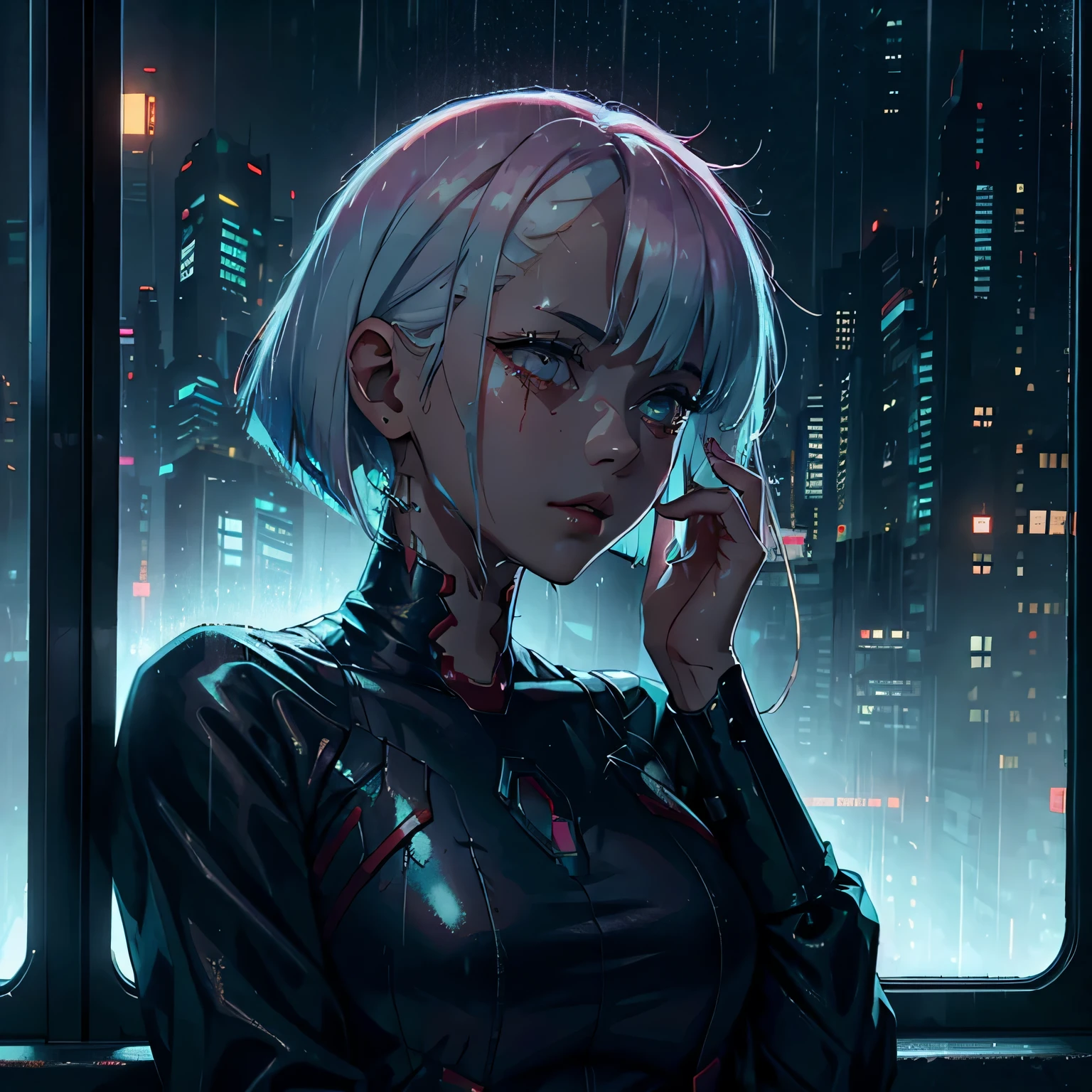 Lucy from cyberpunk, raining, foggy window, rain on window, looking out of window, sad, crying