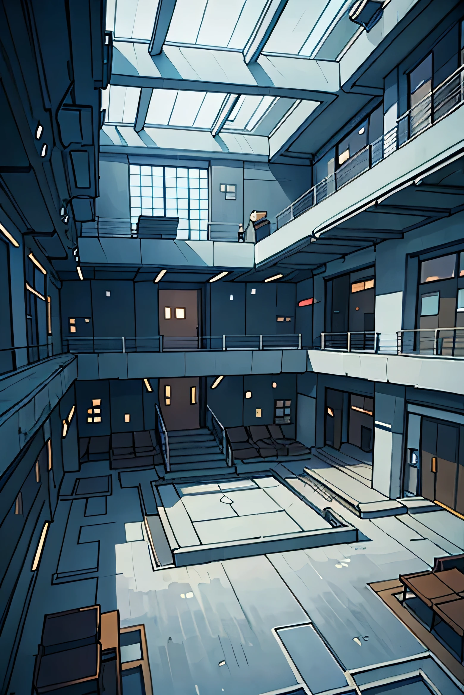 Open institute atrium with a raised platform