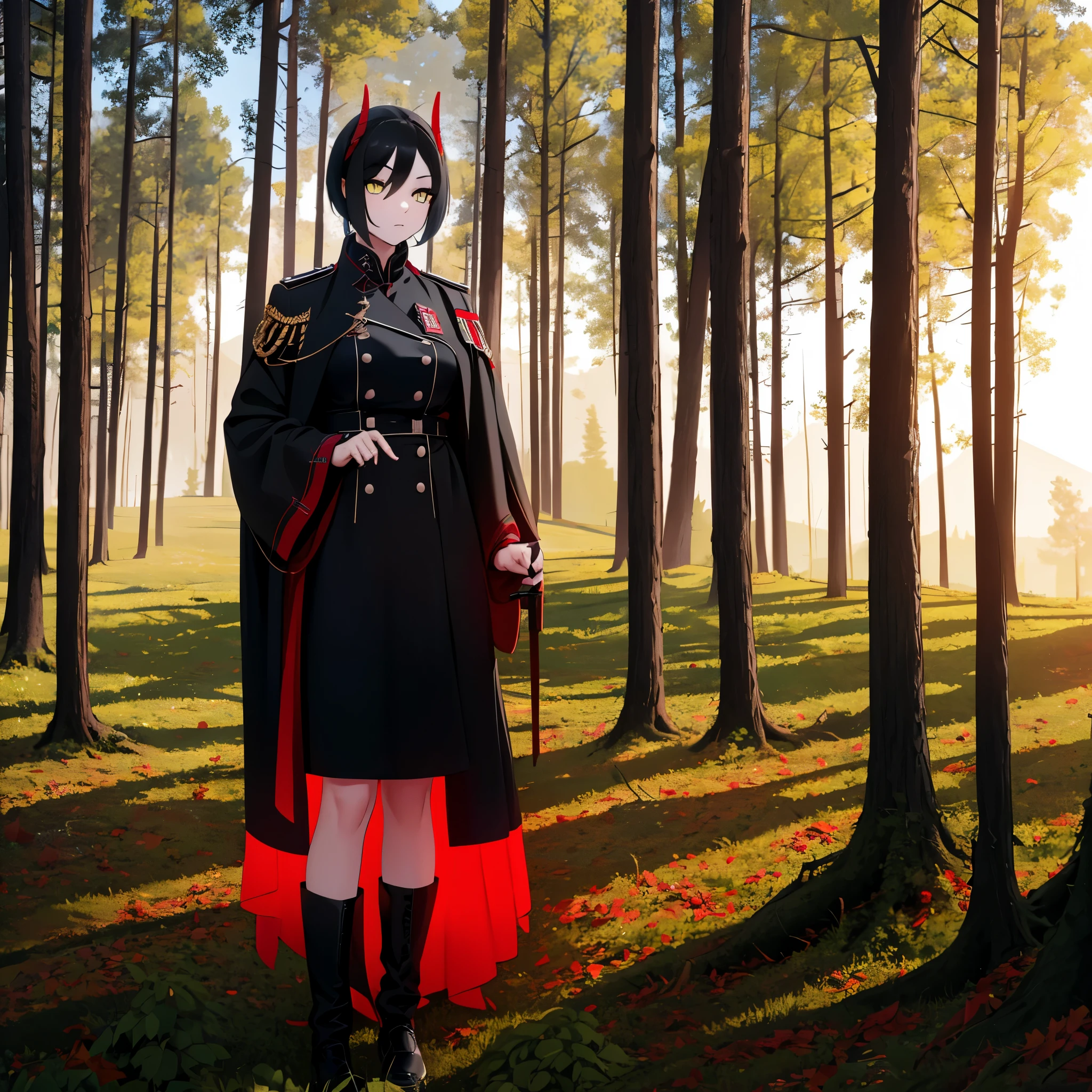 a girl wearing a large black military coat with red details, short black skirt, short black hair, yellow eyes, red horns, in an open forest, European castle in the background, several leaves falling to the ground,very detailed, masterpiece, ultra resolution, high quality, 4k hd.
