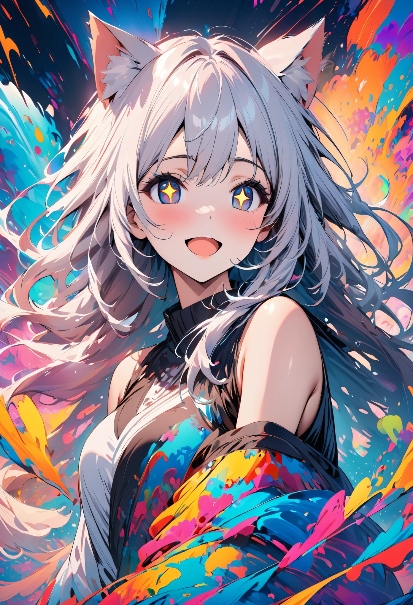 (masterpiece, best quality), ((1 girl, (adult) long hair), (star shaped pupils,  +_+, Symbol shaped pupils, Bright Eyes), (cat ears, open mouth)), (looking at the audience, faint smile, Off the shoulders), (Abstract, colorful background, Abstract background, Color difference),