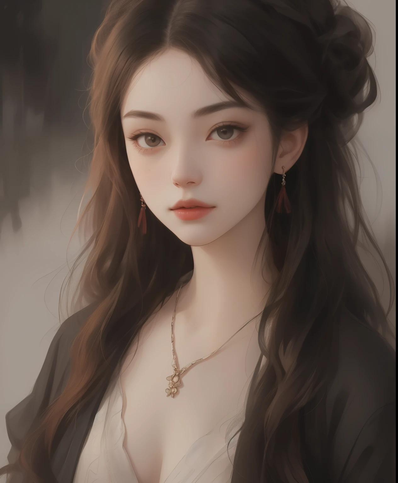 "ultra-detailed, realistic portrait of a girl wearing a porcelain turtleneck dress. The dress is exquisitely adorned with delicate hair accessories and a beautiful necklace. The girl's face is meticulously crafted, featuring detailed jewelry and stunningly defined facial features. The skin texture is of the highest quality, with lifelike shading and highlights that create a three-dimensional effect. The lighting is expertly done, with shadow work and studio-edge illumination, accentuating the girl's impeccable beauty. The image is captured with a high-resolution 8K digital camera, ensuring every fine detail is visible. The background is intentionally blurred, allowing the focus to solely be on the girl and her attire. The overall atmosphere is elegant and refined, with a touch of mystery and sophistication. This masterpiece showcases the perfect combination of artistry and technological precision, resulting in a visually stunning and awe-inspiring piece."