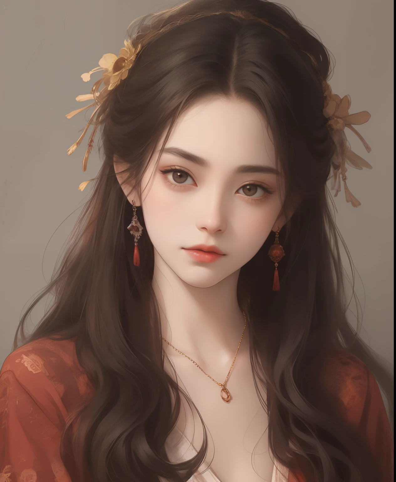 "ultra-detailed, realistic portrait of a girl wearing a porcelain turtleneck dress. The dress is exquisitely adorned with delicate hair accessories and a beautiful necklace. The girl's face is meticulously crafted, featuring detailed jewelry and stunningly defined facial features. The skin texture is of the highest quality, with lifelike shading and highlights that create a three-dimensional effect. The lighting is expertly done, with shadow work and studio-edge illumination, accentuating the girl's impeccable beauty. The image is captured with a high-resolution 8K digital camera, ensuring every fine detail is visible. The background is intentionally blurred, allowing the focus to solely be on the girl and her attire. The overall atmosphere is elegant and refined, with a touch of mystery and sophistication. This masterpiece showcases the perfect combination of artistry and technological precision, resulting in a visually stunning and awe-inspiring piece."