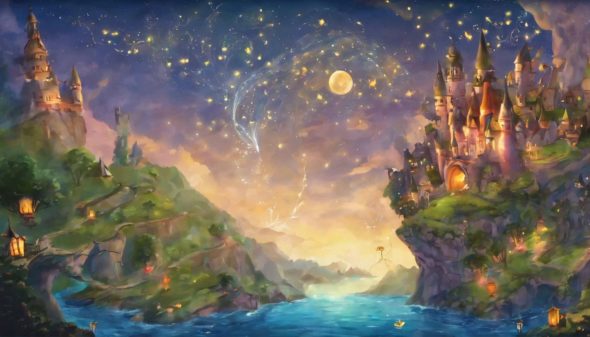 Young boy having an adventure with a map、fantasy、night