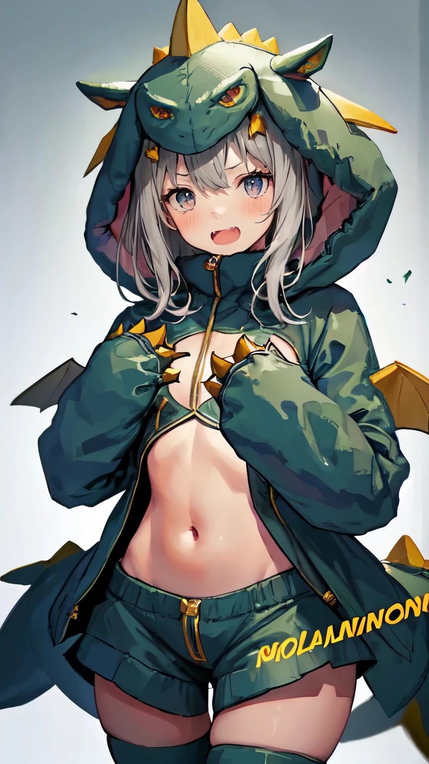 (highest quality)remove background,cute, 1 girl,, gray hair, hood, role play,Dinosaur costume, brown eyes, fangs, long sleeve,blush, godzilla,hand weapon,Navel exposed,black stockings,delicate hands,hands behind,blue eyes,cute