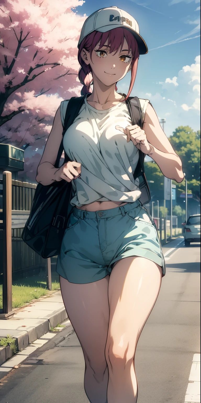 , (masterpiece), (best quality), (ultra-detailed), (extremely detailed cg), (a extremely delicate), (perfect lighting), (8k), (dynamic angle), (sharp image), vibrant colors, female, masterpiece, best quality, depth of field, cinematic lighting, masterpiece, best quality, ultra-detailed, colorful, vibrant, large breasts, thighs, mature female, solo, (masterpiece, best quality, high resolution, animescreencap, anime colored,), (perfect anatomy, beautiful detailed eyes, beautiful detailed body, beautiful breast, shiny skin), a sexy mature anime lady is walking outside, shiny thighs, looking at viewer, side bangs, red hair, ringed eyes, yellow eyes,braided ponytail, side bangs, medium breasts, medium chest, walking, road, road plants, sidewalk, dolphin shorts,striped sleeveless, baseball cap, smiling, dynamic pose, sun, blue skies, sunlight, clouds, athletic shoes, sunglasses, japanese loose socks(knitted), perfectly detail eyes, backpack, sakura trees, cherry blossoms