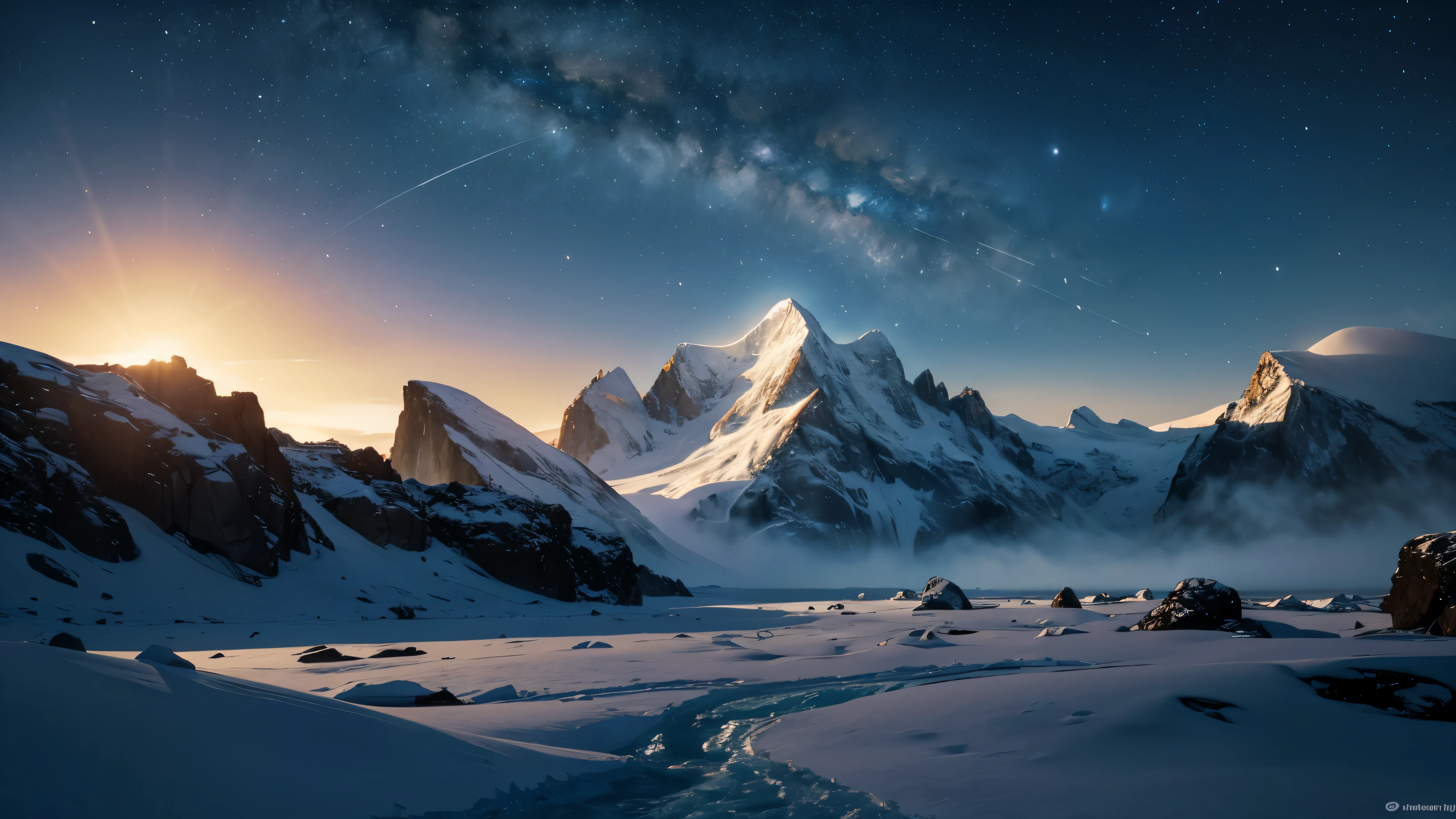 An icy landscape under the glow of an alien sun, with frozen mountains and rocky terrain. The sky is clear, showing distant galaxies in the background. A giant ice wall forms on one side of the scene, while another smaller piece floats nearby. In sharp contrast to its cold exterior, it glows warm inside, casting long shadows over its surroundings. in the style of Gabriele Dell'otto --ar 8:5 .4k