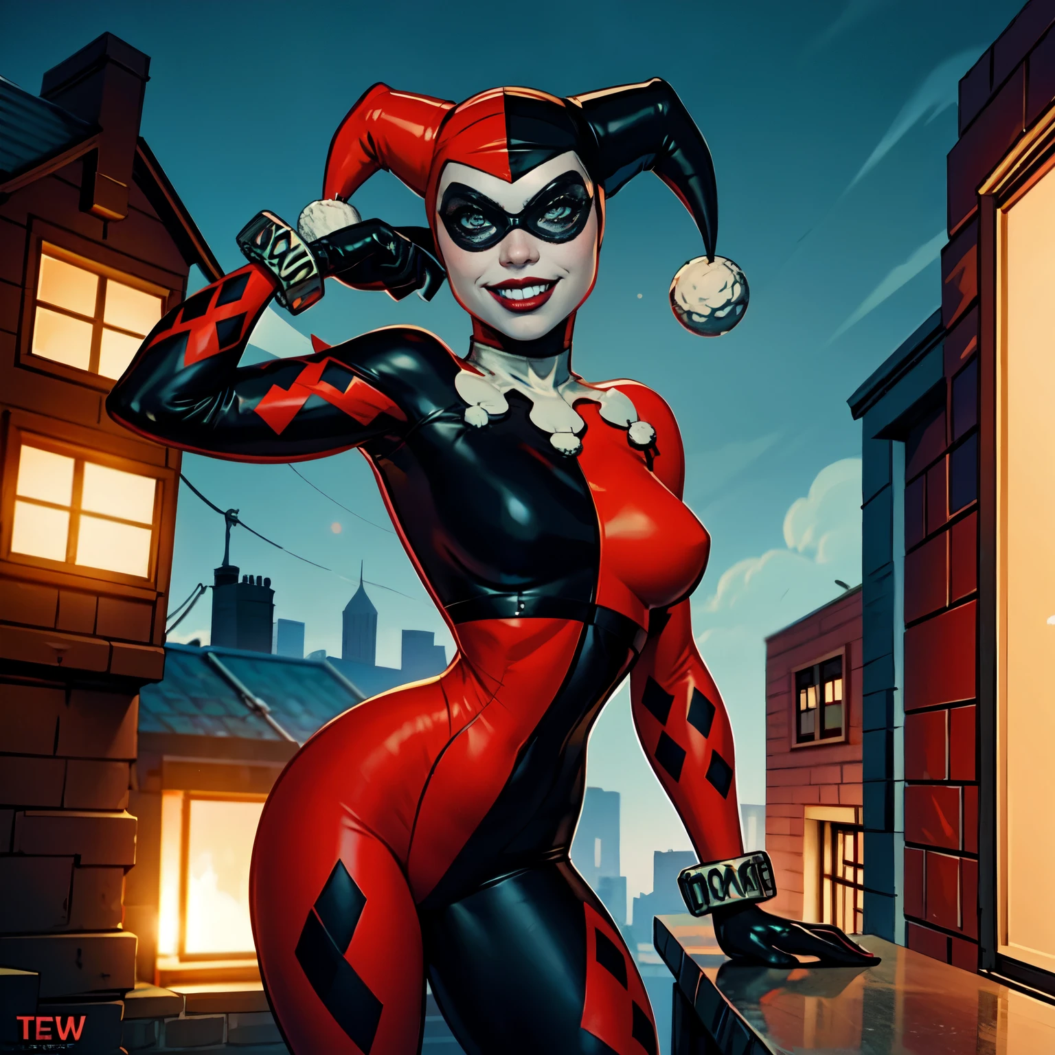 HarleyWaifu, harley, looking at viewer, smug smile, gotham city, romantic ambiance, extreme detail, masterpiece, harley quinn