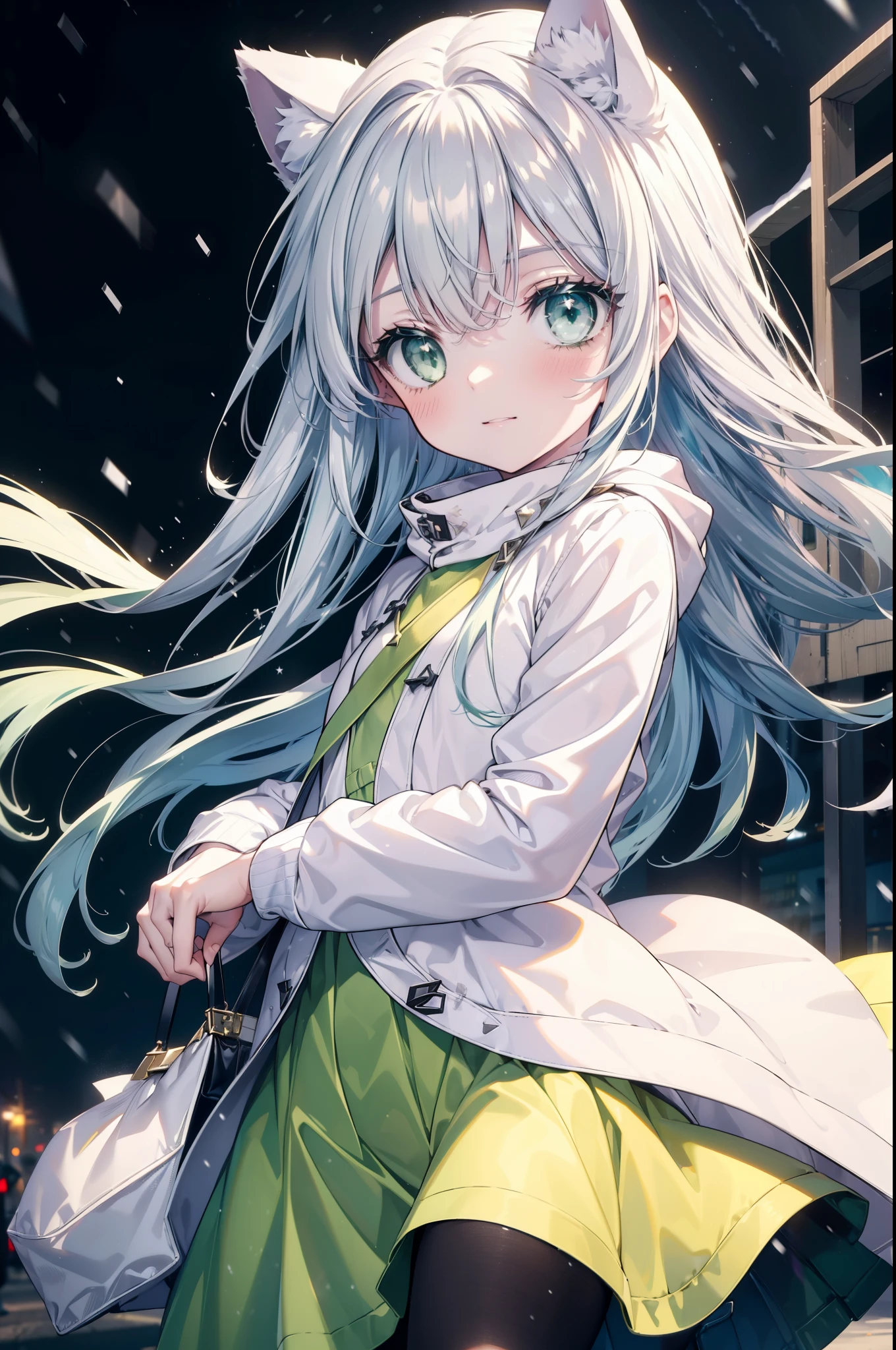 index, index, (green eyes:1.5), silver hair, long hair, (flat chest:1.2),Cat ear,cat tail,blush,smile,open your mouth,gray handbag,yellow long coat, white hoodie, black long skirt,black pantyhose,Mini Boots,winter,night,cold sky,snow is scattered,It&#39;s snowing,background　big christmas tree,
break looking at viewer, Upper body, whole body,
break outdoors, In town,building street,
break (masterpiece:1.2), highest quality, High resolution, unity 8k wallpaper, (figure:0.8), (detailed and beautiful eyes:1.6), highly detailed face, perfect lighting, Very detailed CG, (perfect hands, perfect anatomy),