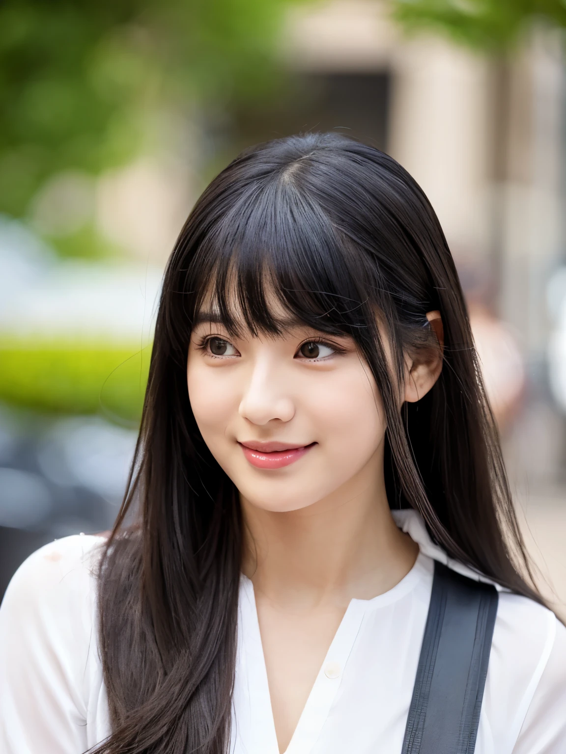 japanese woman、1 person、black hair、Straight semi-long hair、thin upper lip、Very chunky lower lip、slanted eyes、small black eye、narrow space between the eyes、(short and cute nose)、(long bangs、Do not part your bangs, let them fall straight below your eyebrows、blunt cut)、long eyelashes、Double back eyelid、Thin contours、thin face、round chin、cheekbones are low、dark eye makeup、looking at the camera、smile、In town、Backlight、full body photo