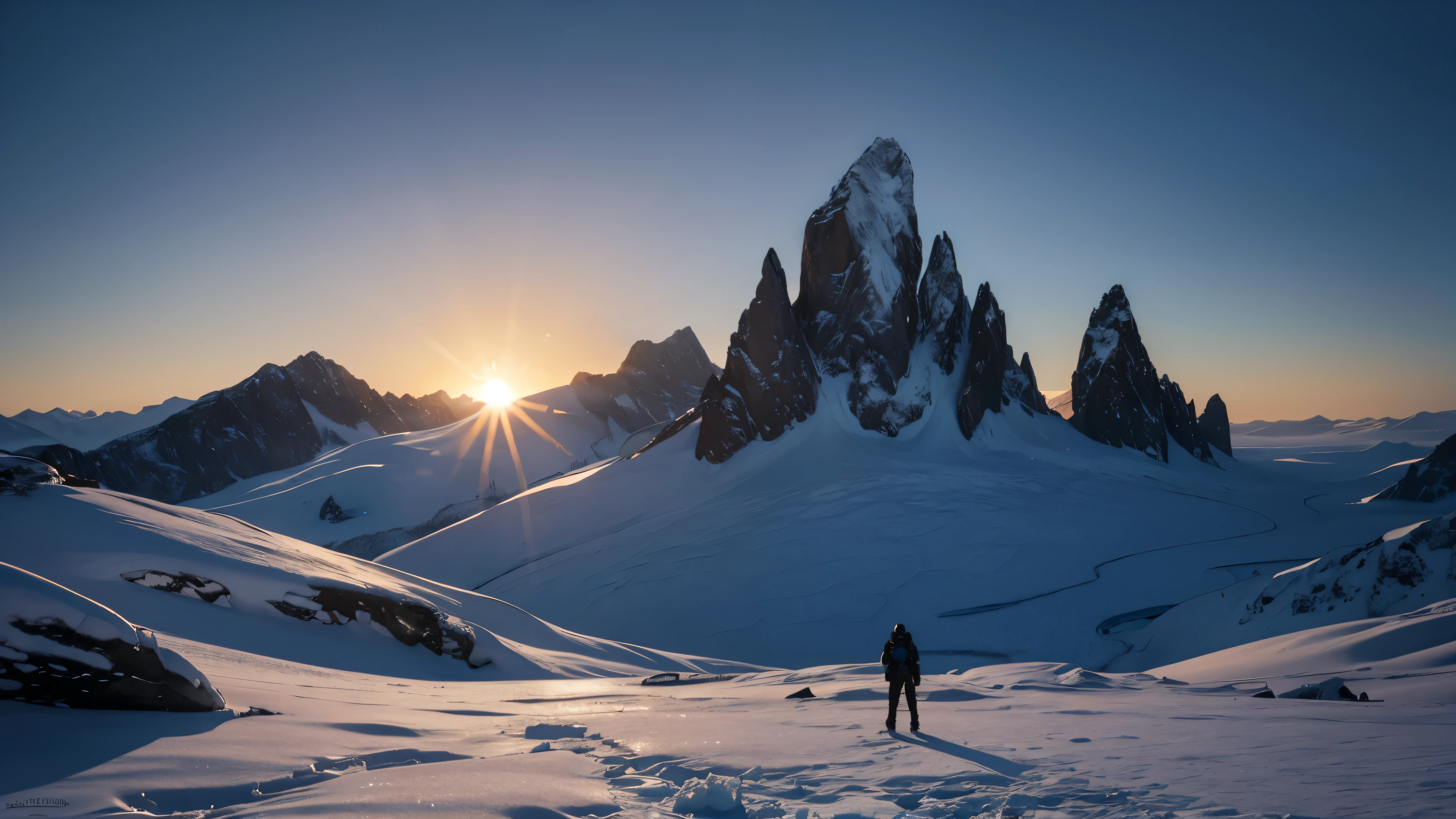 An icy landscape under the glow of an alien sun, with frozen mountains and rocky terrain. The sky is clear, showing distant galaxies in the background. A giant ice wall forms on one side of the scene, while another smaller piece floats nearby. In sharp contrast to its cold exterior, it glows warm inside, casting long shadows over its surroundings. in the style of Gabriele Dell'otto --ar 8:5 .4k