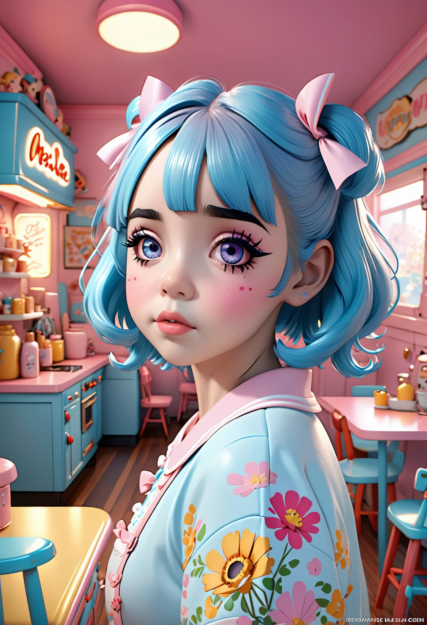 The lovely Melanie Martinez is a very cute anime character, Cartoon characters, Unreal Engine Warm Interior Lighting Art Station Detailed Digital Character Design Mark Ryden Pixar Hayao Miyazaki Unreal 5 Dazz Hyper Real - Octane Neon Rendering
