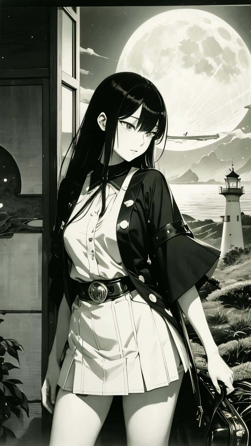 Ryūichiro Kutsuzawa, Sidney Sime, Surreal, mysterious, strange, fantastical, fantasy, sci-fi, Japanese anime, the moon in a travel bag, to the border between sea and earth, a beautiful girl in a miniskirt of a lighthouse, perfect voluminous body, detailed masterpiece Hyper realistic sharp focus