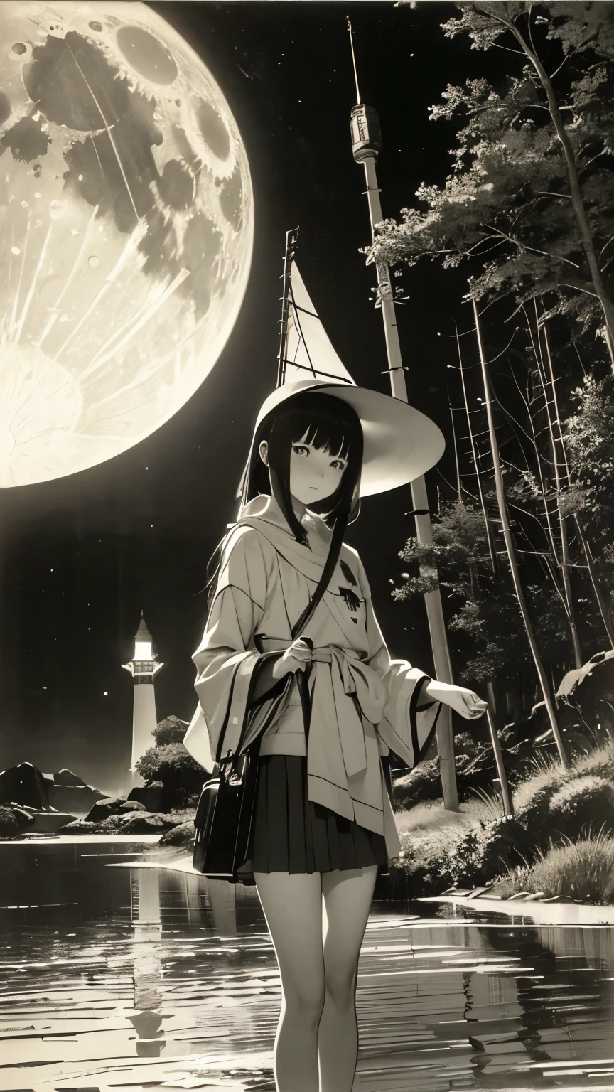Ryūichiro Kutsuzawa, Sidney Sime, Surreal, mysterious, strange, fantastical, fantasy, sci-fi, Japanese anime, the moon in a travel bag, to the border between sea and earth, a beautiful girl in a miniskirt of a lighthouse, perfect voluminous body, detailed masterpiece Hyper realistic sharp focus