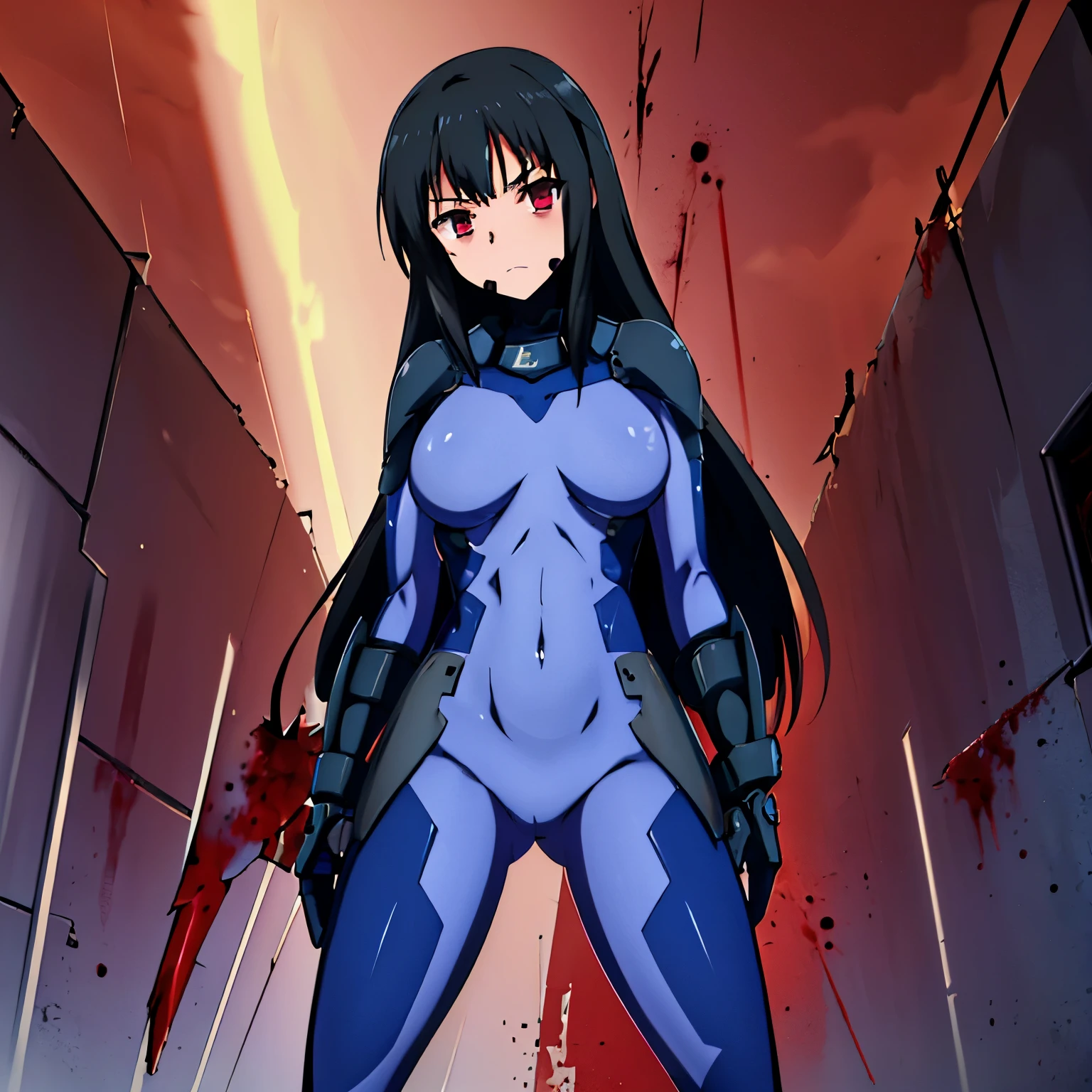 ultra-detailed, Explicit, Beautiful body, Beautiful Nose, Beautiful character design, perfect eyes, perfect face, ultra highres, 4K, beautiful legs, perfect legs, Nice hands, Perfect hand, Masterpiece, Best Quality, Highly detailed, illustration, absurdres, perfect anatomy, expressionless, blank eyes, emotionless,corruption, mind control, female combatant, full body, hypnotized, unhappy trance, full body suit, ribbed bodysuit, both arms at side, obey, perfect female body, looking at viewer, hypnosis, hypnoLora, empty eyes, Mind control device, poses, submissive_pose, Slave, standing straight, standing, Fighting Stance, standing at attention, numbersuit, two-tone bodysuit:0.9, blue bodysuit:0.9, light blue bodysuit:0.9, 1girl, solo, hair ornaments, long hair, black hair, red eyes, Aya Asagiri. flat chest, bangs, (((blood on clothes, blood on face))), holding weapon