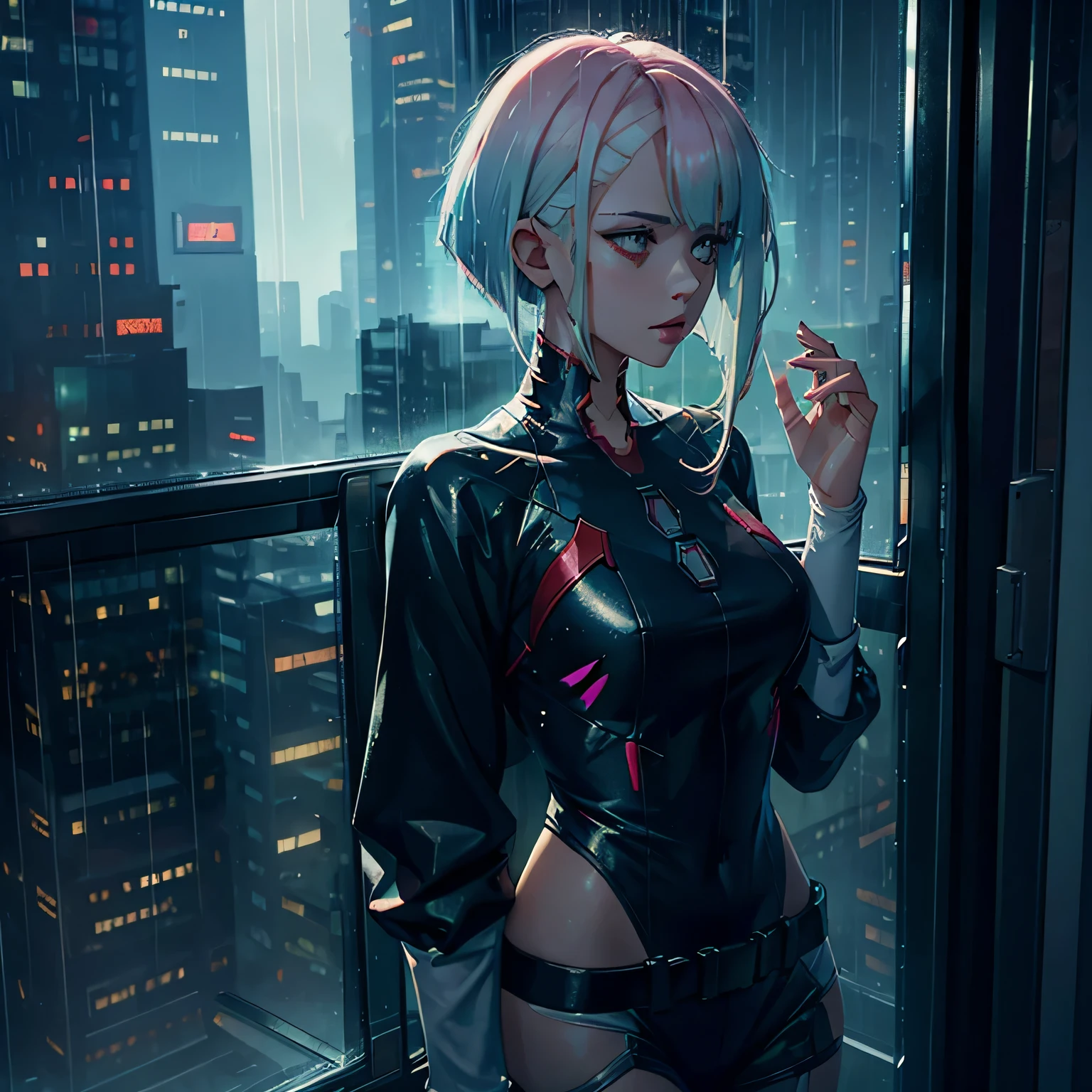 Lucy from cyberpunk, raining, foggy window, rain on window, looking out of window