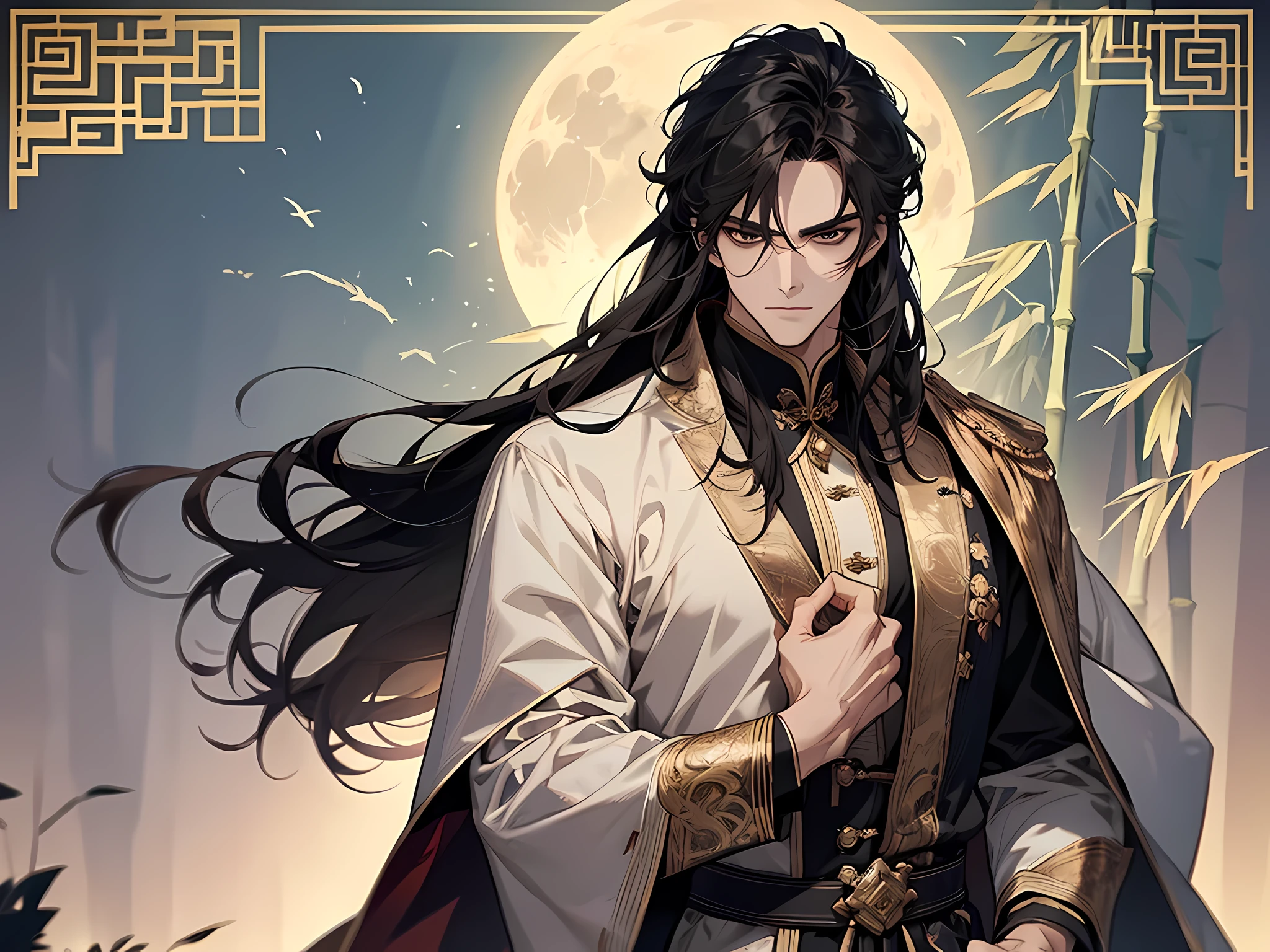 Masterpiece, Best quality, Night, full moon, china forest, 1 man, Mature man, Black hair, Black eyes, Split ends of hair, Long hair, Long bangs, Handsome, Handsome, Masculine, Serious, gentle, Tall, calm, White and blue alternating clothing, Dark gold pattern, Bamboo leaf pattern, prince, Sword pairing, Side, Facial details, The face is delicate, (full body:0.6), face to detail, detailed eyes, eyes beautifully detailed