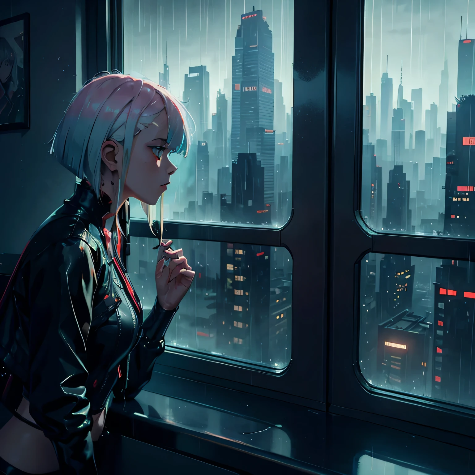 Lucy from cyberpunk, raining, foggy window, rain on window, looking out of window