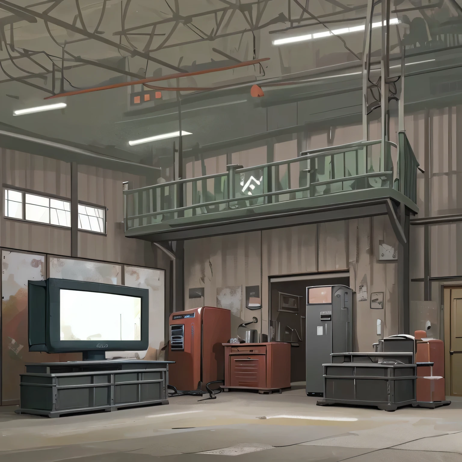 Large mechanic shop, but on one side there is a small TV couch and a refrigerator 