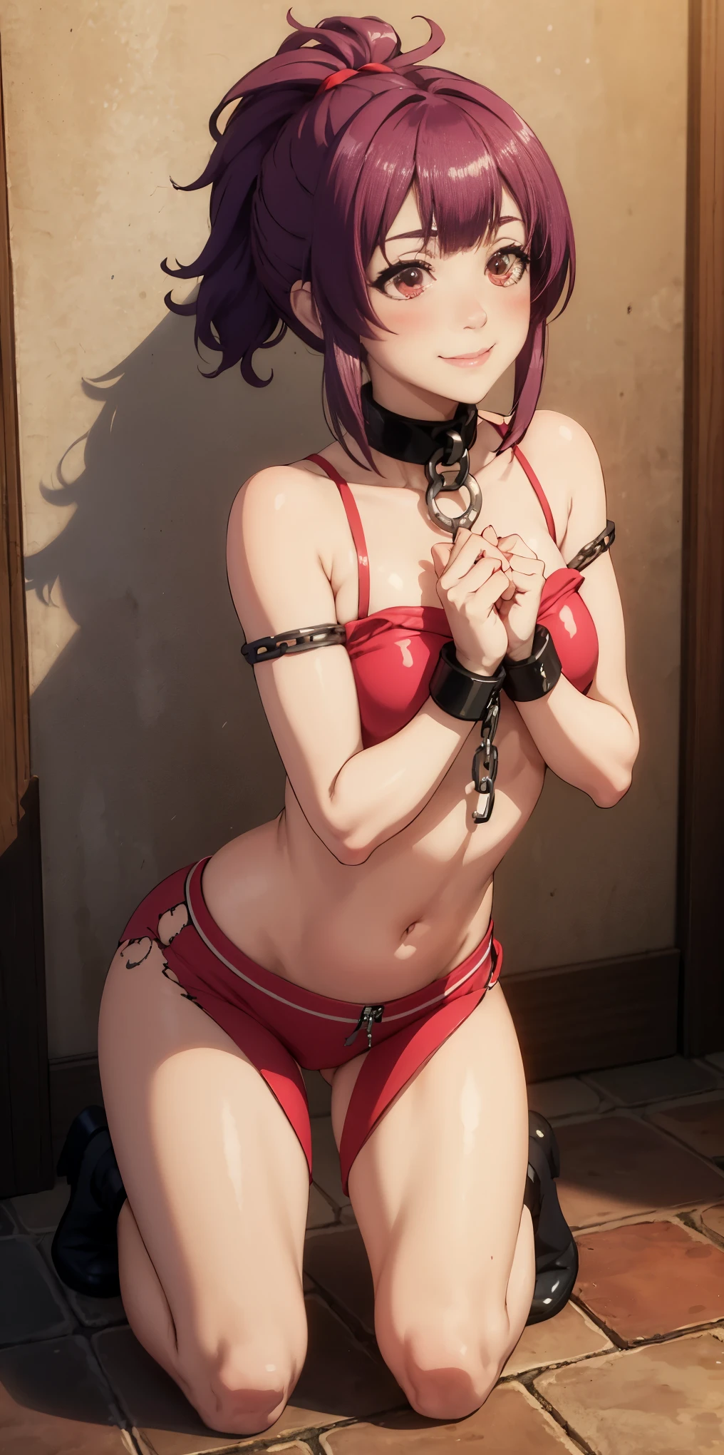 bondage girl,smirking smile red blush,torn apart,chain leash,Behind the hand, Kneeling,shackleDSM,high ponytails