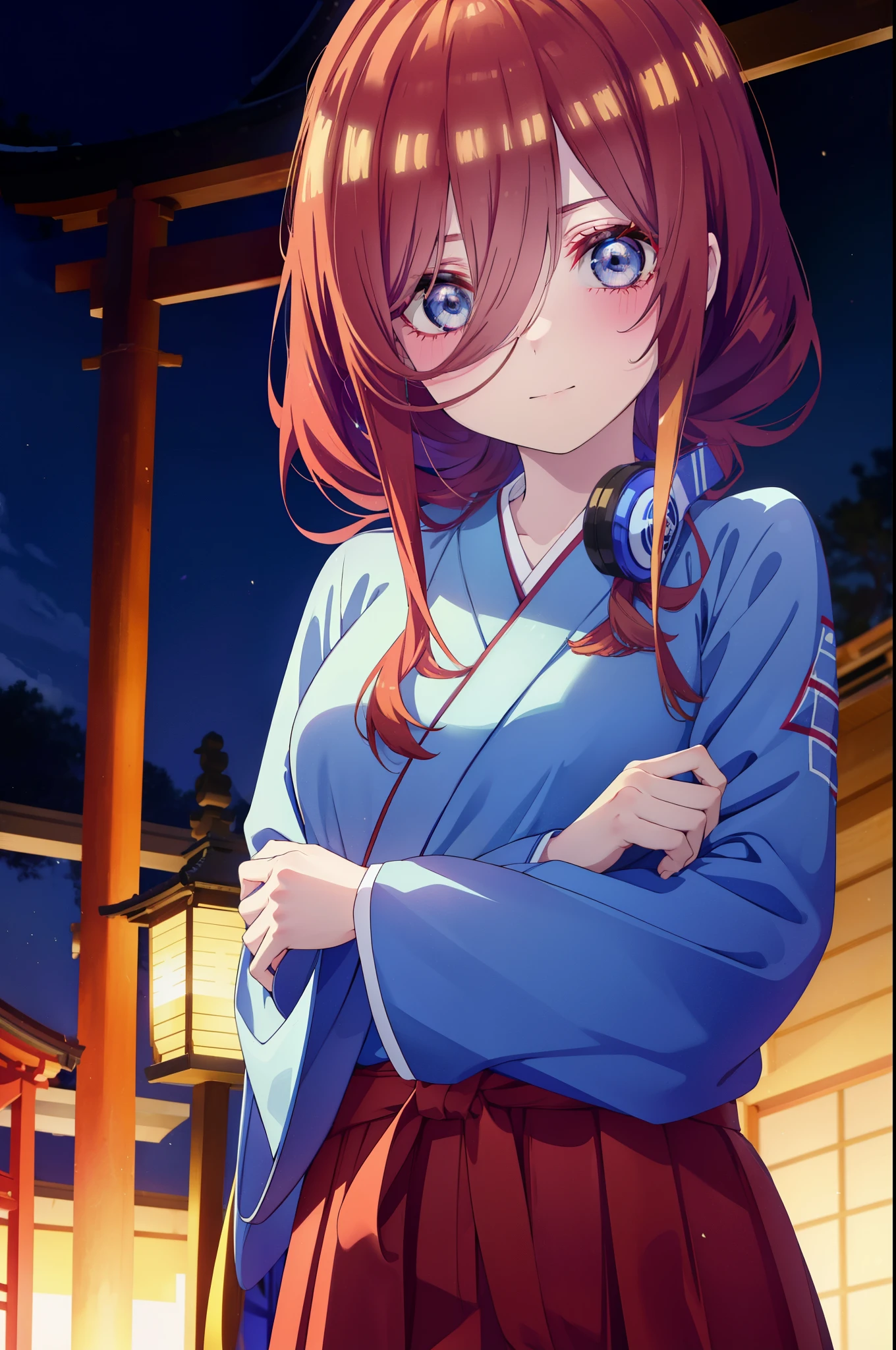 Mikunakano, Miku Nakano, long hair, bangs, blue eyes, brown hair, shirt, hair between eyes, headphones,smile,blush, Platycodon,Miko, white kimono, kimono, red hakama,same as skirt, wide sleeve, long sleeve, ribbon trim sleeves,
とてもlong hair, 鈍いbangs, low ponytail,
looking at the viewer, Are standing, noon,
break indoors, shrine,torii,
break looking at viewer, whole body,Upper body, (cowboy shot:1. 5)
break (masterpiece:1.2), highest quality, High resolution, unity 8k wallpaper, (figure:0.8), (detailed and beautiful eyes:1.6), highly detailed face, perfect lighting, Very detailed CG, (perfect hands, perfect anatomy),