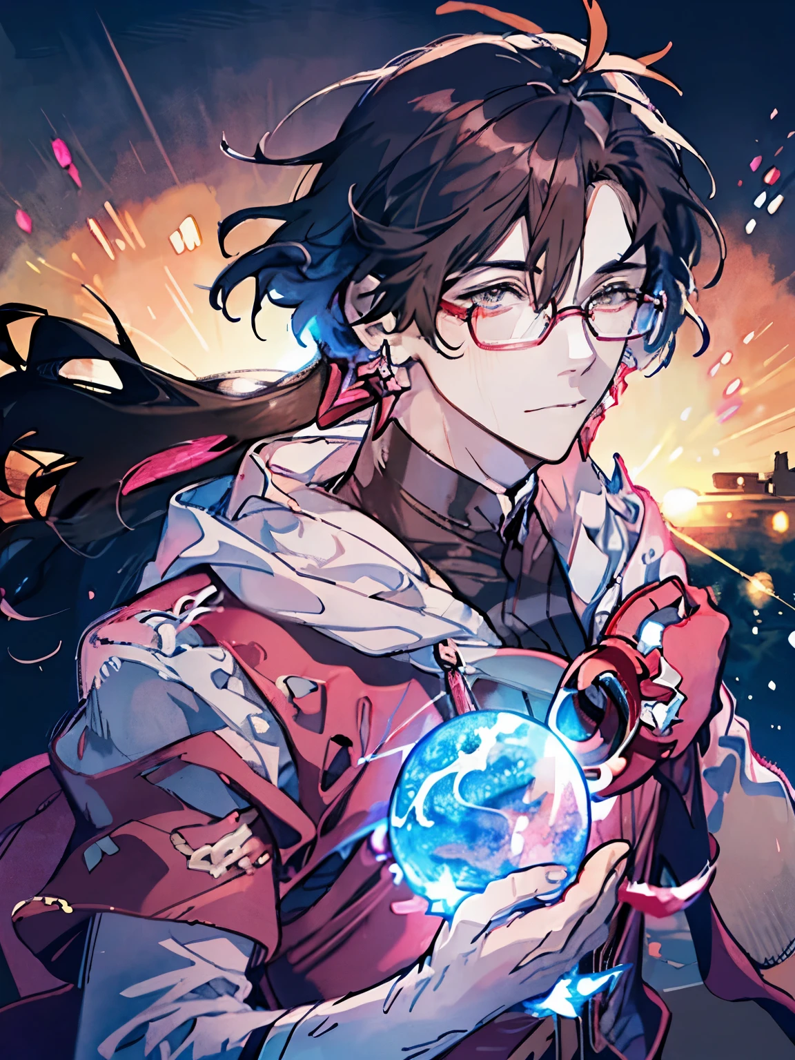 magic effect、pink and orange pastel colors、red earringan with glasses、wizard、detailed、muste piece、splash of water、soft air、black hair flowing in the wind、man in his 30s、watercolor painting、Anime-style drawings with a soft touch、cool、