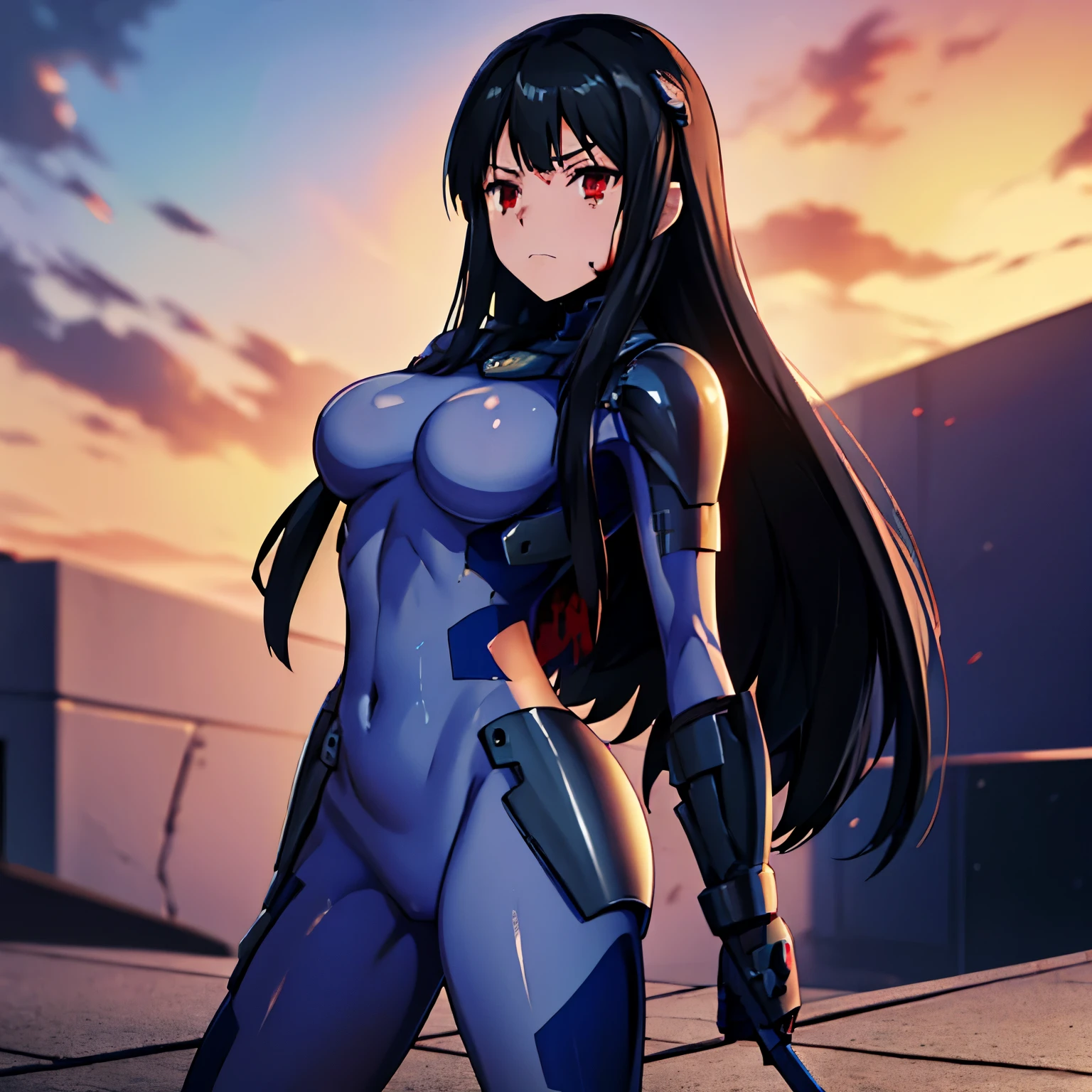 ultra-detailed, Explicit, Beautiful body, Beautiful Nose, Beautiful character design, perfect eyes, perfect face, ultra highres, 4K, beautiful legs, perfect legs, Nice hands, Perfect hand, Masterpiece, Best Quality, Highly detailed, illustration, absurdres, perfect anatomy, expressionless, blank eyes, emotionless,corruption, mind control, female combatant, full body, hypnotized, unhappy trance, full body suit, ribbed bodysuit, both arms at side, obey, perfect female body, looking at viewer, hypnosis, hypnoLora, empty eyes, Mind control device, poses, submissive_pose, Slave, standing straight, standing, Fighting Stance, standing at attention, numbersuit, two-tone bodysuit:0.9, blue bodysuit:0.9, light blue bodysuit:0.9, 1girl, solo, hair ornaments, long hair, black hair, red eyes, Aya Asagiri. flat chest, bangs, (((blood on clothes, blood on face))), holding weapon, gore