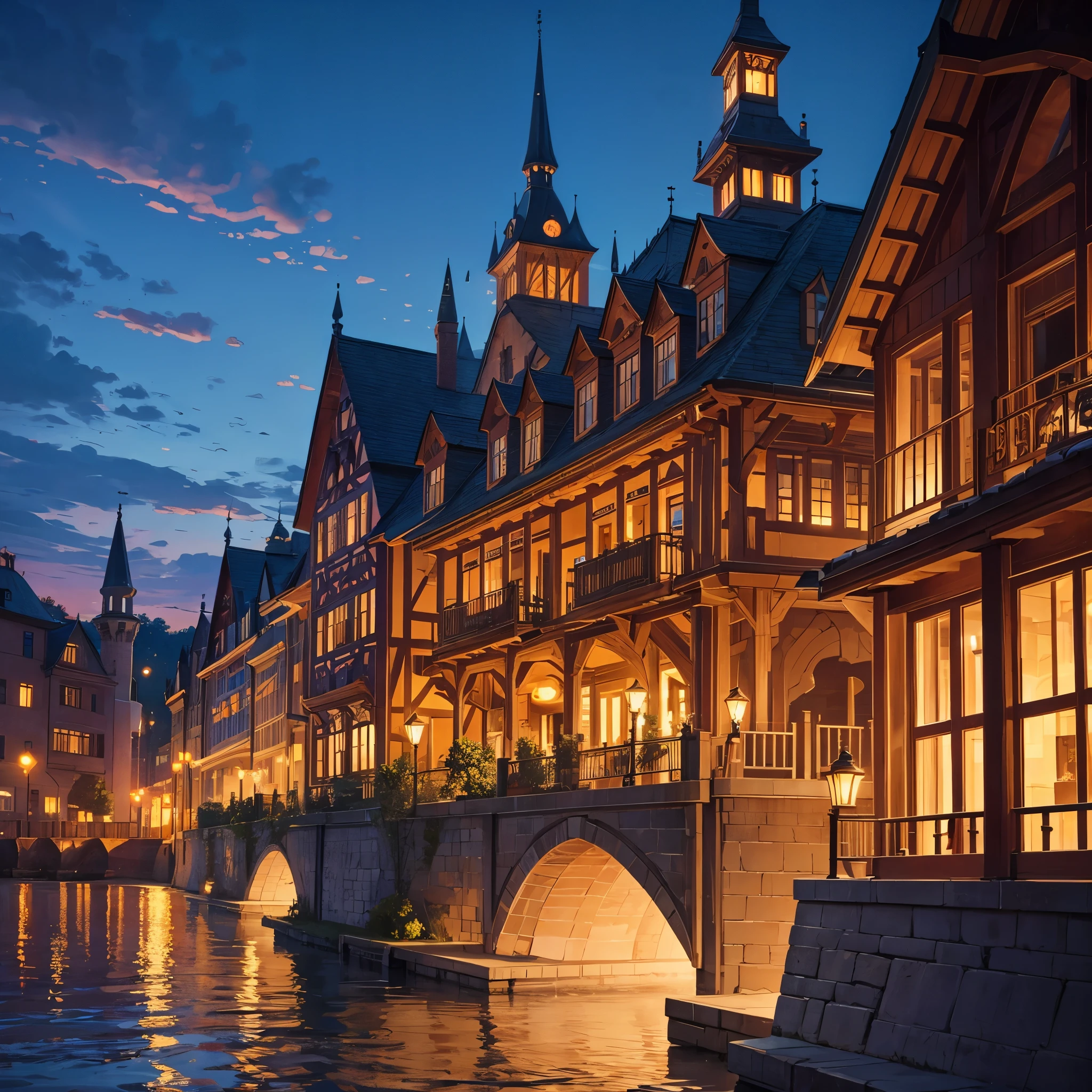City Frankenmuth Michigan, with a very detailed structure with lighting, lakes, at the end of the sunset,