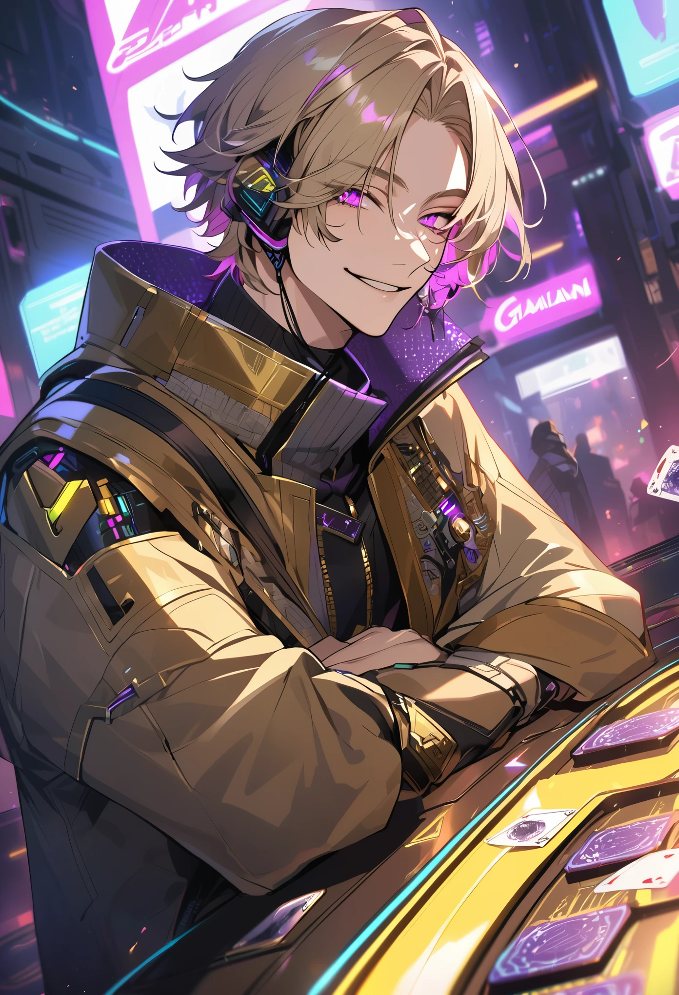 Handsome, solo, 1 male, short hair, magenta rings eyes, ash blonde hair, white and gold clothes, smile facial, futuristic, cyberpunk, gambler, cards, dices, earphone