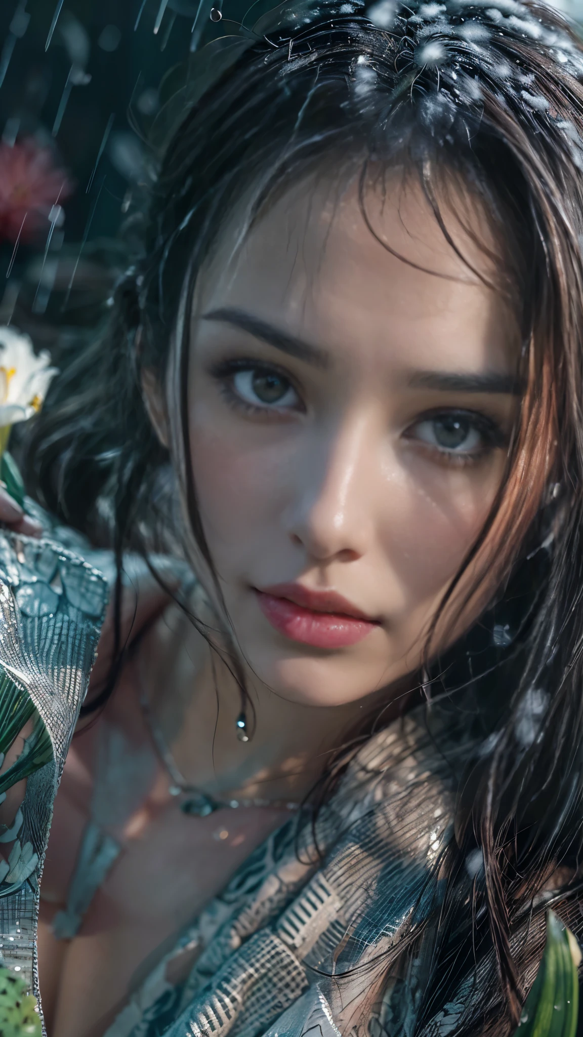 (RAW shooting, Photoreal:1.5, 8K, highest quality, masterpiece, ultra high resolution), (((heavy snow))), perfect dynamic composition:1.2, (In front of a shrine at night in a modern city, expression of sadness:0.9, Tears are flowing:0.9, cry with a broken heart:0.9), Highly detailed skin and facial textures:1.2, Slim office lady wet in the rain:1.3, cowboy shot, Fair skin:1.2, sexy beauty:1.1, perfect style:1.2, beautiful and aesthetic:1.1, very beautiful face:1.2, water droplets on the skin, (rain drips all over my body:1.2, wet body:1.2, wet hair:1.3), (Holding a bouquet of wet lilies:1.3, Wearing a wet silver kimono correctly:1.5), (Medium chest, Bra is sheer, Chest gap), (Eyes that feel beautiful eros:0.8), (Too erotic:0.9, Bewitching:0.9), necklace, earrings, bracelet