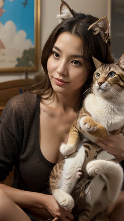 there is a woman playing with a cat and other cats, an airbrush painting by Ni Yuanlu, trending on cg society, happening, new cats movie, adorable digital painting, wholesome digital art, anthropomorphic female cat, with garfield the cartoon cat, in a painting of a cat, ( ultra realistic, disney's bambi cat, 4 k''