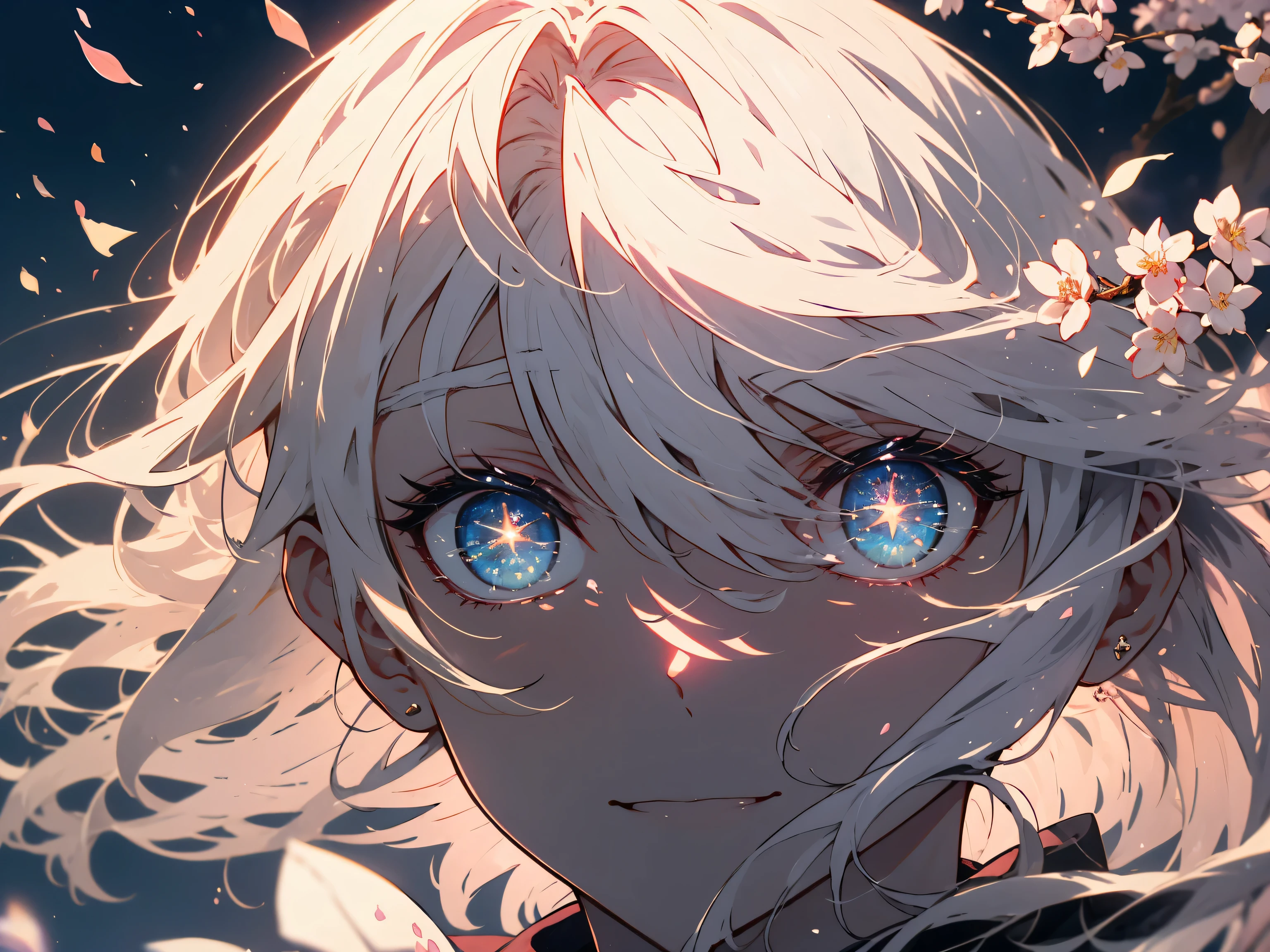 (highest quality、masterpiece、High resolution、be familiar with)、(shining eyes、be familiar with美しい顔)、night background:1.4、8K、(1 girl)、(smile)、((looking at the cherry tree above my head))、Cityscape lined with cherry blossom trees:1.2、light up、bright theme、Beautifully falling cherry blossom petals、(beautiful anime)、(Shining eyes、detailed beautiful face)、Cherry blossoms at night