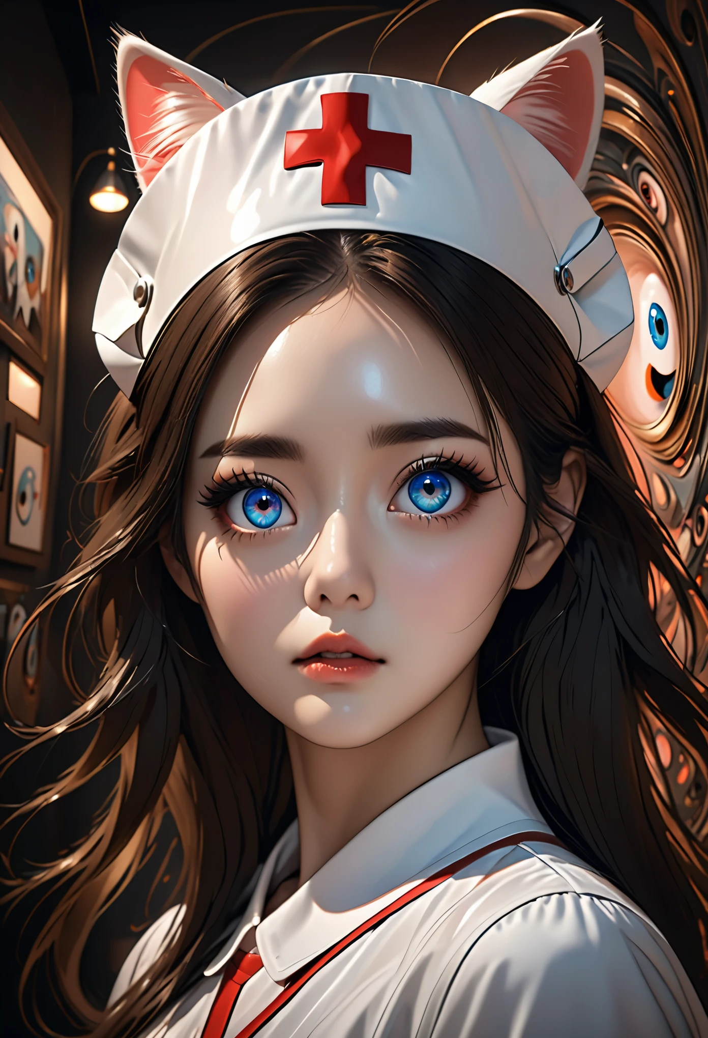 long hair, low-tied long hair, nurse cap, eyeball, big eyes, cat ears, cosmetic, Surrealism, Surrealism, modern Art, realism, image Fill, contour, chiaroscuro, First-person view, F/1.8, ultra high definition, masterpiece, 16K, 8K