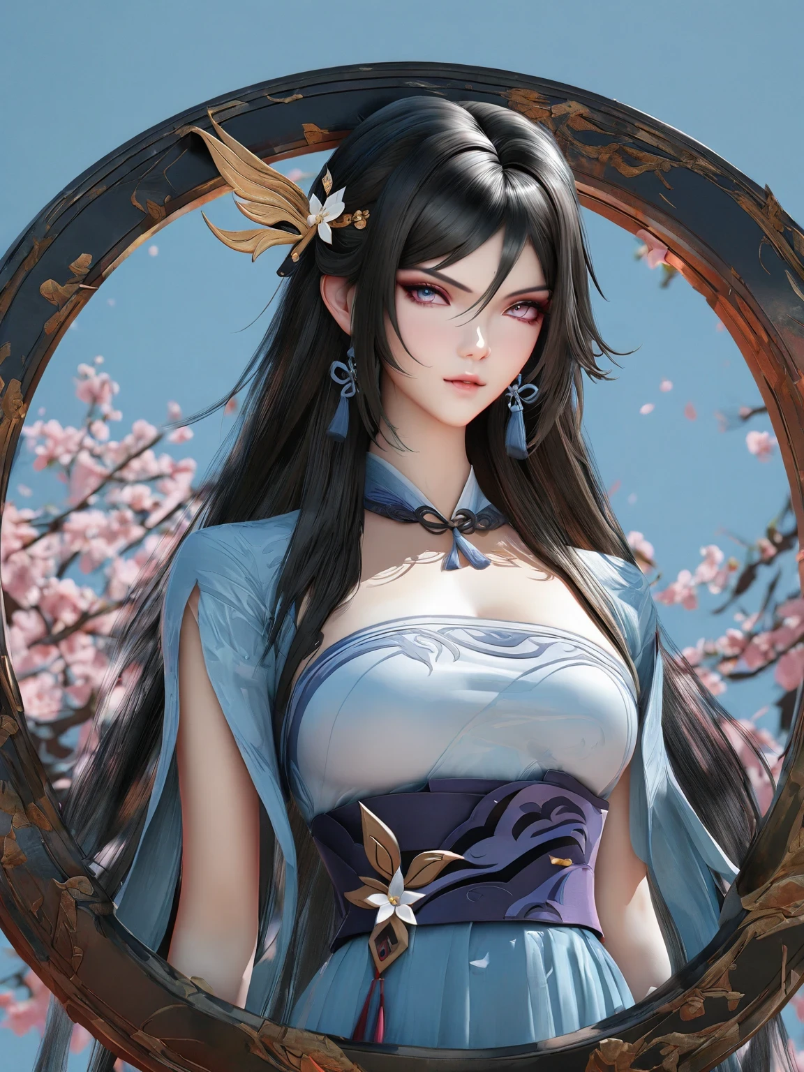 diy32,Highest quality, ultra-high definition, masterpieces, 8k, realistic, anime styled, 3d render,anime girl with long black hair and blue eyes in a blue dress, keqing from genshin impact, by Yang J, heise jinyao, loong, g liulian art style, zhongli from genshin impact, zhao yun, beautiful young wind spirit, handsome guy in demon slayer art, xianxia hero, liang xing