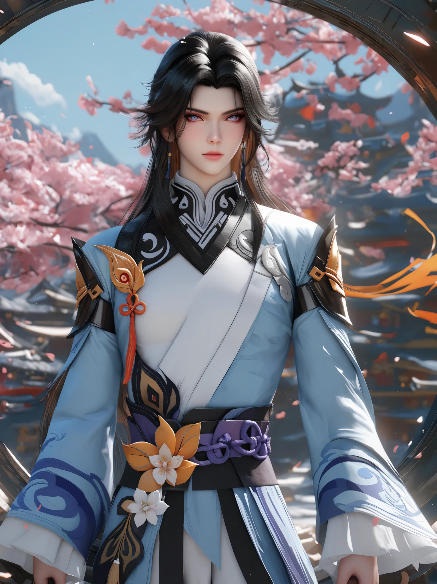 diy32,Highest quality, ultra-high definition, masterpieces, 8k, realistic, anime styled, 3d render,anime girl with long black hair and blue eyes in a blue dress, keqing from genshin impact, by Yang J, heise jinyao, loong, g liulian art style, zhongli from genshin impact, zhao yun, beautiful young wind spirit, handsome guy in demon slayer art, xianxia hero, liang xing