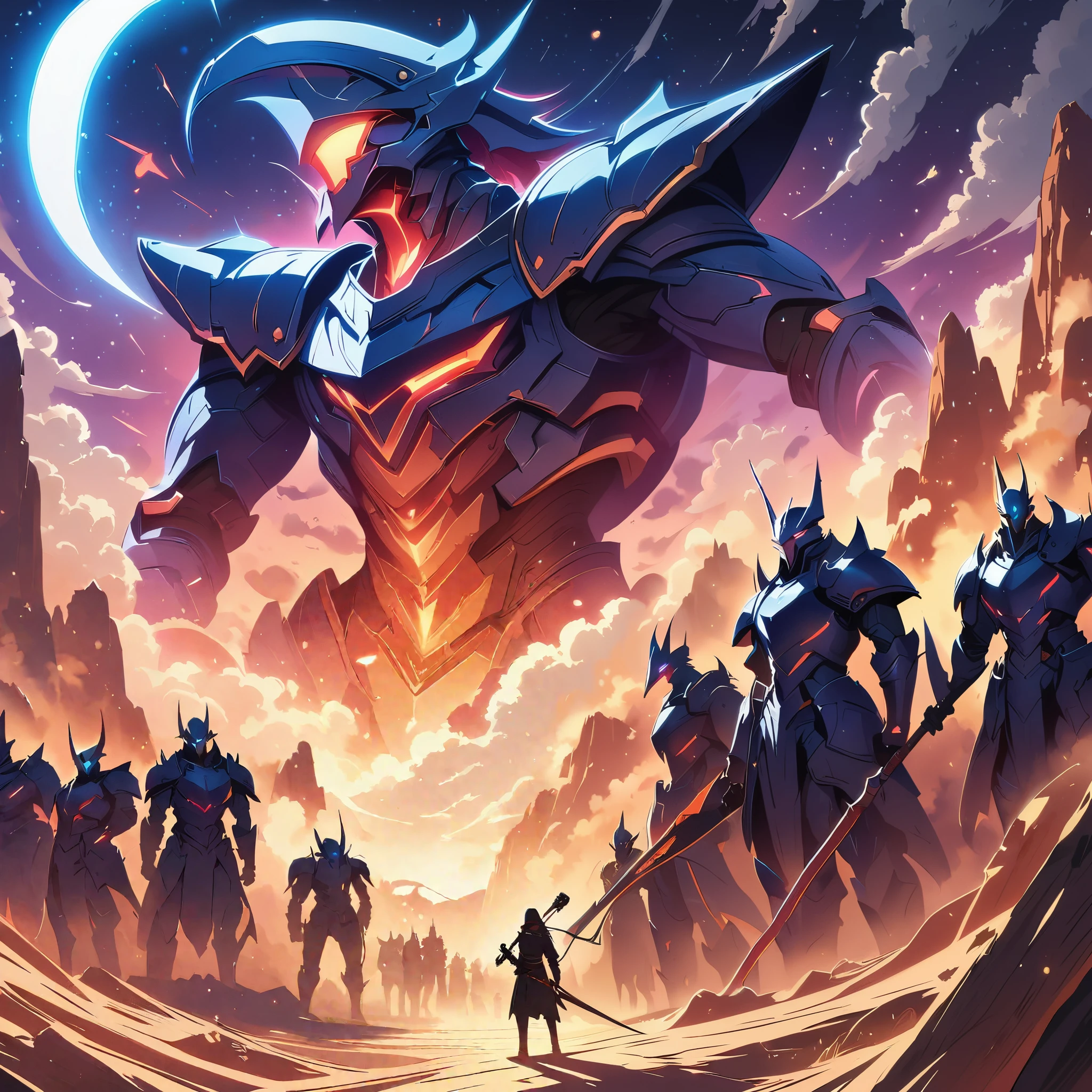 (masterpiece: 1.2), best quality, High resolution, HD, unified 8k wallpaper, (illustration: 1.0), Beautiful detailed, Very detailed, perfect lighting, Very detailed CG, glowing Eyes, backlight, armor, False trumpet, glow, Full armor, War Armor, humanoid_, trumpet, helmet, mask, sample_background, arms, monster, blue_armor, looking at the audience, alone, view, Armed with a scythe