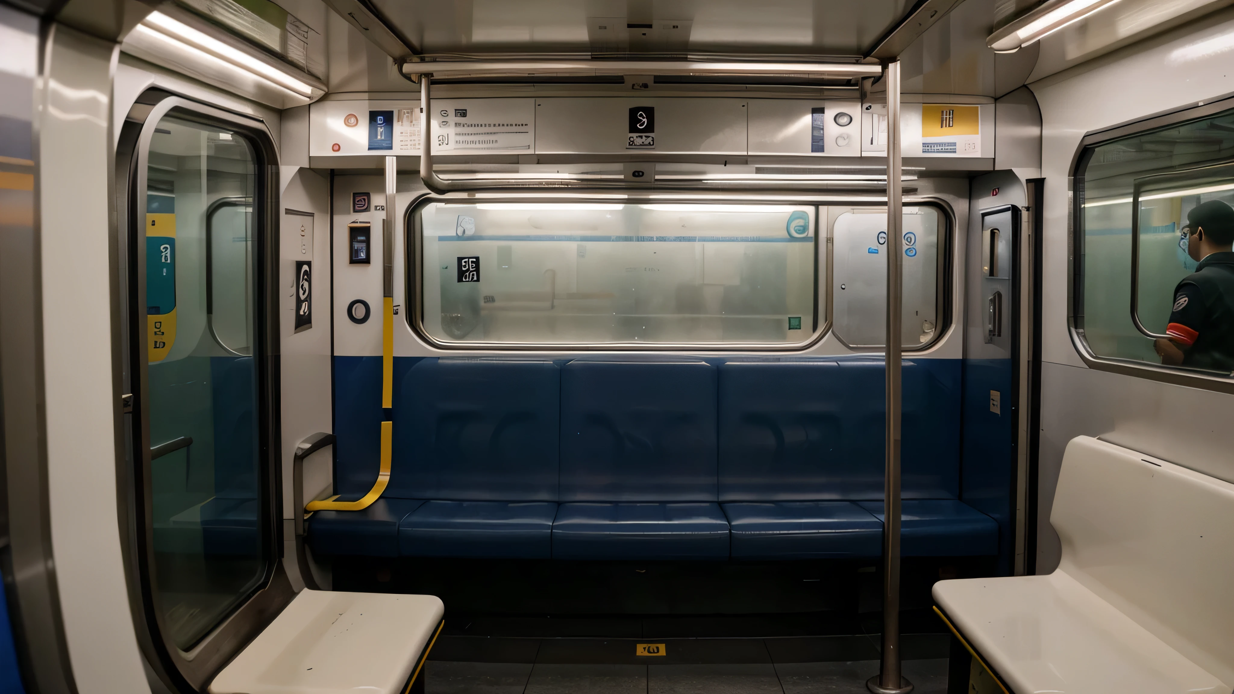 arafed seats on a subway train with a poster on the wall, sat down in train aile, inside of a metro train, shot on kodak vision 200t, in a subway, mrt, glitch in the matrix, completely empty, shot on 35 mm, shot on 3 5 mm, shot on 35mm, underground scene