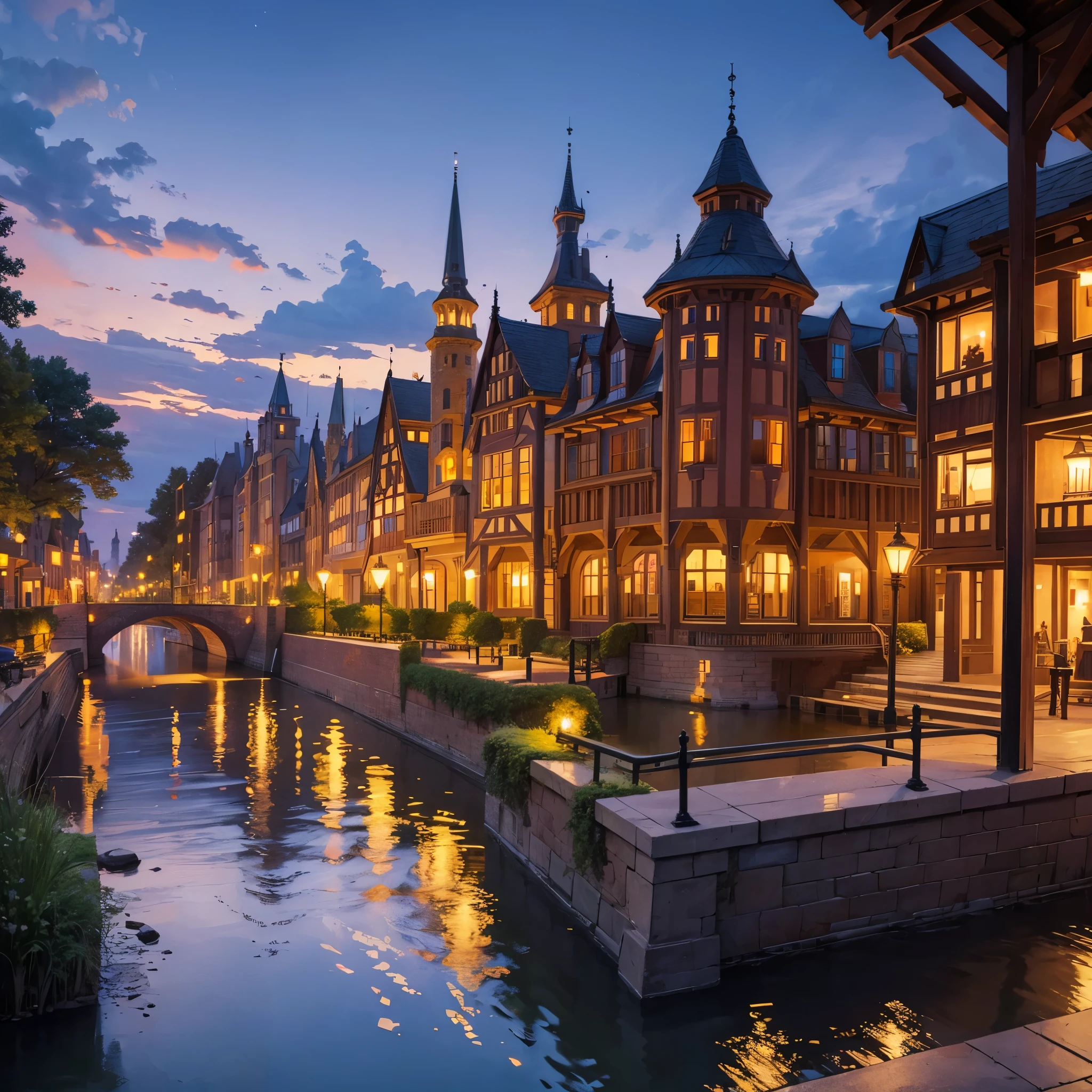 City Frankenmuth Michigan, with a very detailed structure with lighting, lakes, at the end of the sunset,